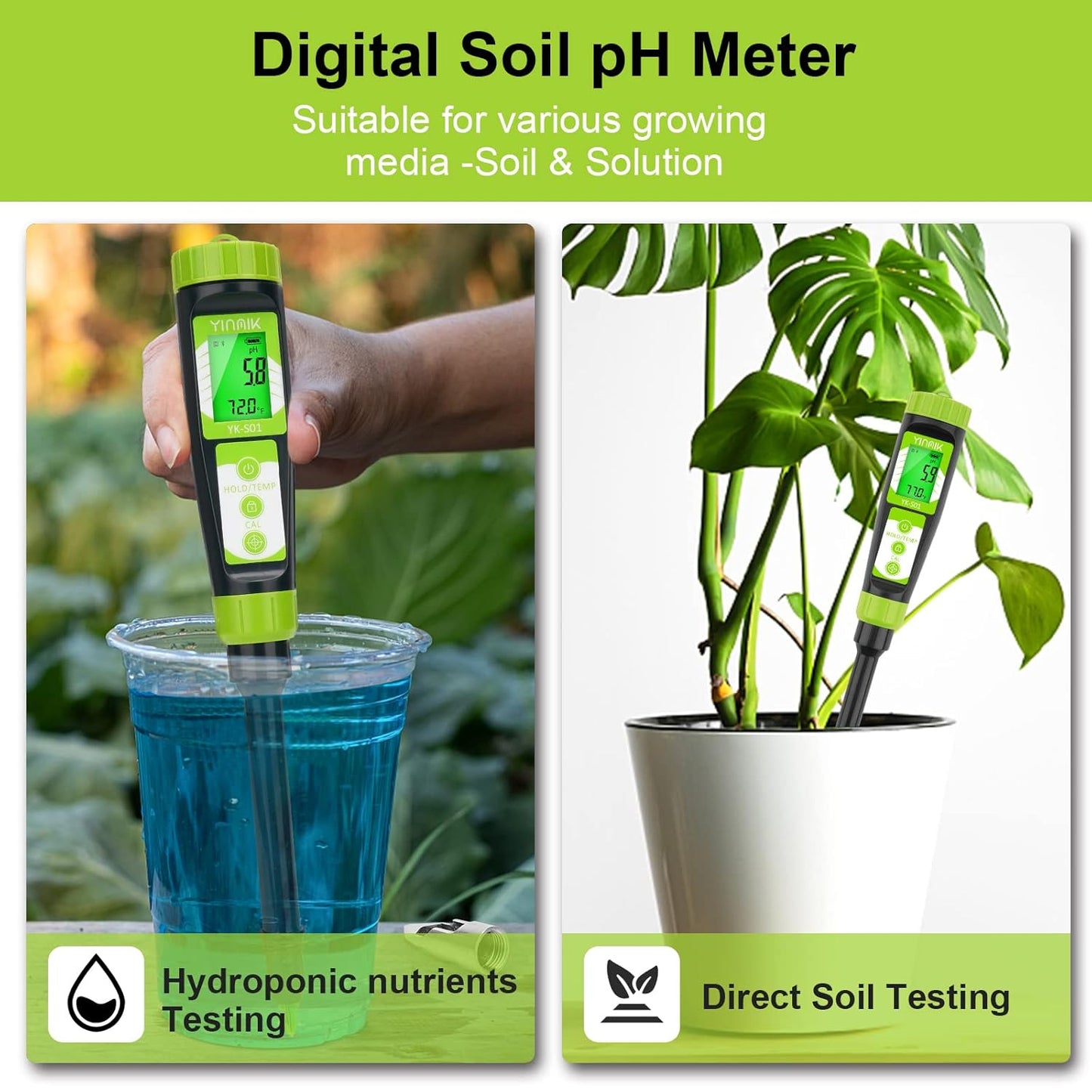 Digital Soil pH Meter for Gardeners, Soil Direct pH Tester for Plant Care, Measure pH of Solution Potting Soil Growing Media,Great for Indoor,Greenhouse,Outdoor,Garden, Lawn, Farming, Yard Use