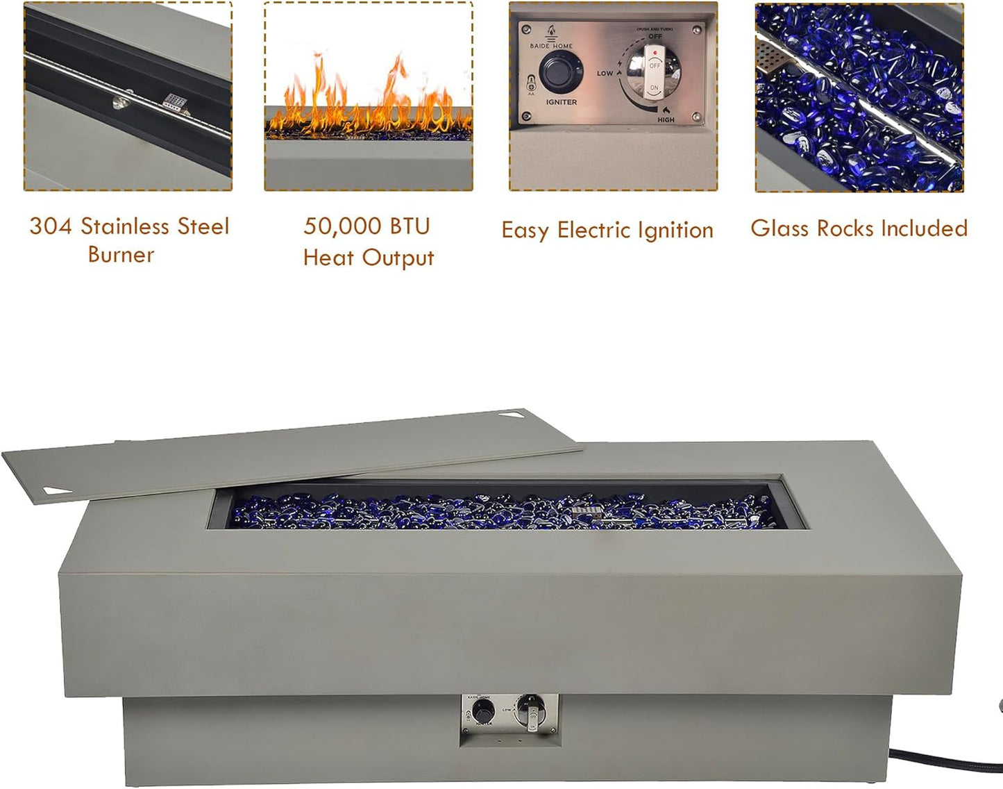 48-inch Fire Table with Natural Gas Conversion Kit, 50,000BTU Outdoor Modern Patio Fire Pit Table w/Rectangular Burner Lid, Glass Rocks, Cover