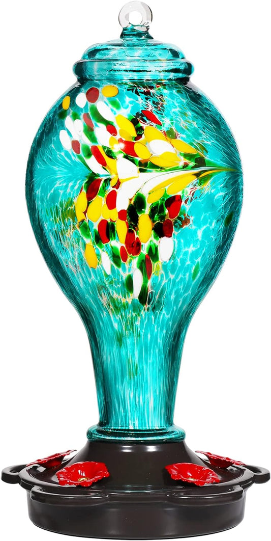LUJII Hummingbird Feeder for Outdoors, Hand Blown Glass Humming Bird Feeder, Anti Fade Leakproof with 25 Ounces Nectar Capacity, Easy to Install Clean Refill, Include Hook & Ant Moat (Teal)