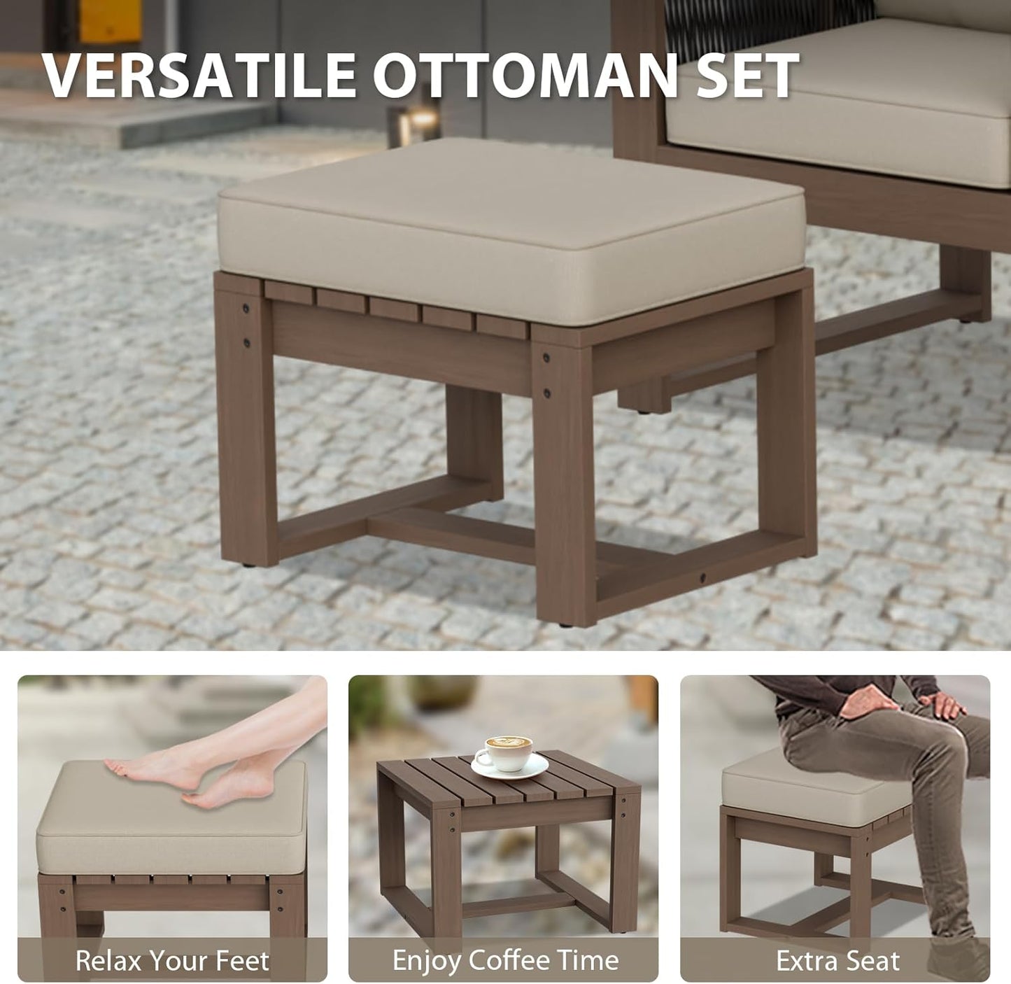 EAGLE PEAK Natural Wood Outdoor Patio Furniture, Cedar Furniture, Conversation Set, Outdoor Seating for Deck Patio Porch, Sofa 2 Chairs 2 Ottomans & Side Table, 6 Pieces, Brown/Beige