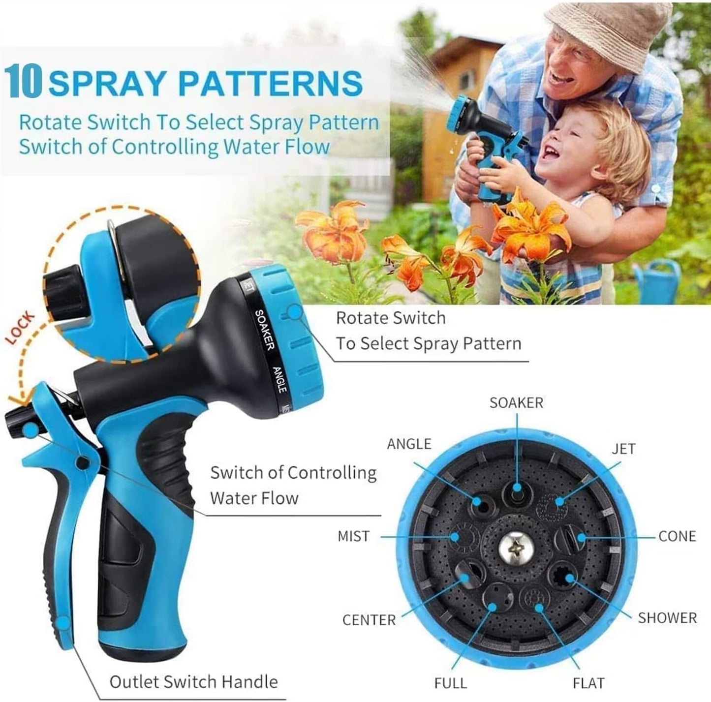 50 ft Expandable Garden Hose with 10 Function Nozzle Sprayer, Lightweight Flexible Water Hose with Durable Collapsible Latex Core & Solid Brass Fittings, 50ft Retractable Stretch Hose(Black Blue)