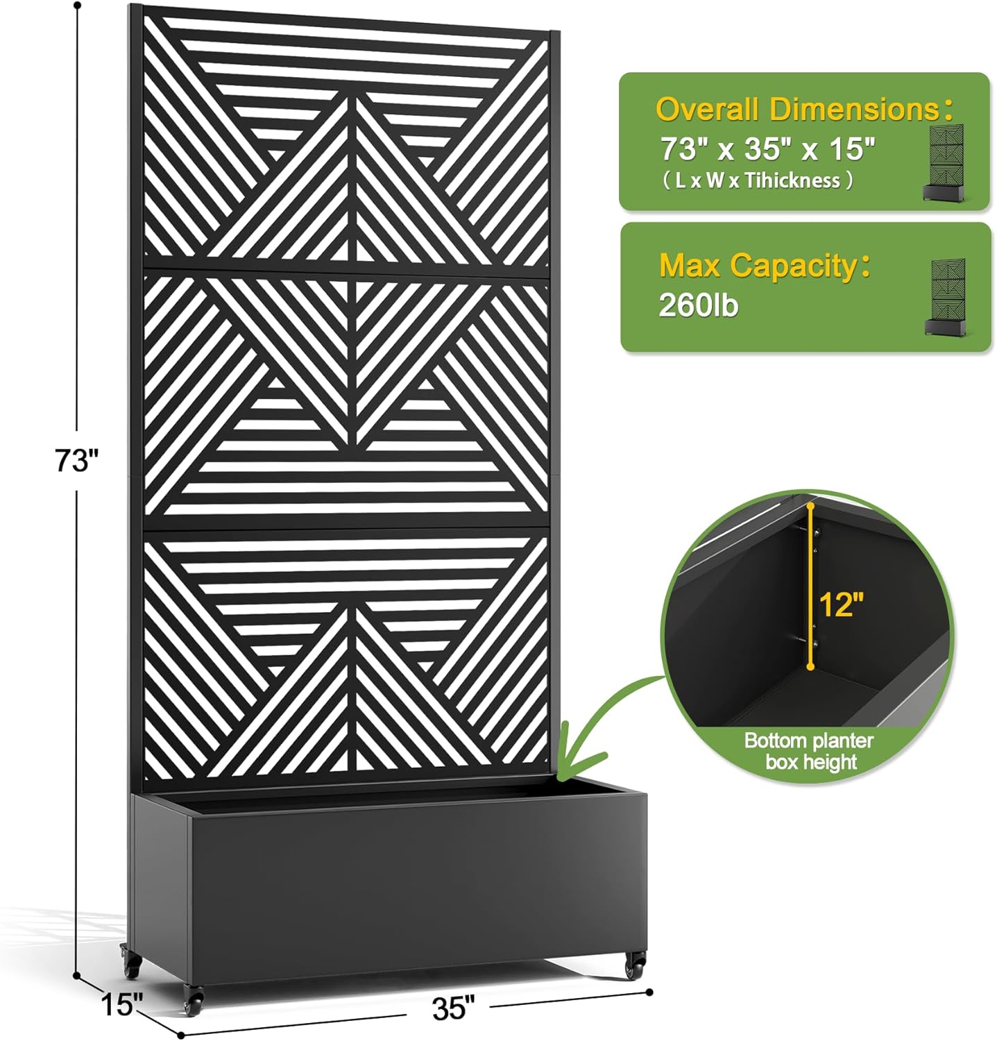 FENCY Metal Raised Garden Bed with Wheels and Trellis,73"x35"x16" Planter Box for Climbing Plants, Vegetables & Vines, Features Privacy Screen and Drainage Holes (Black-Modern)