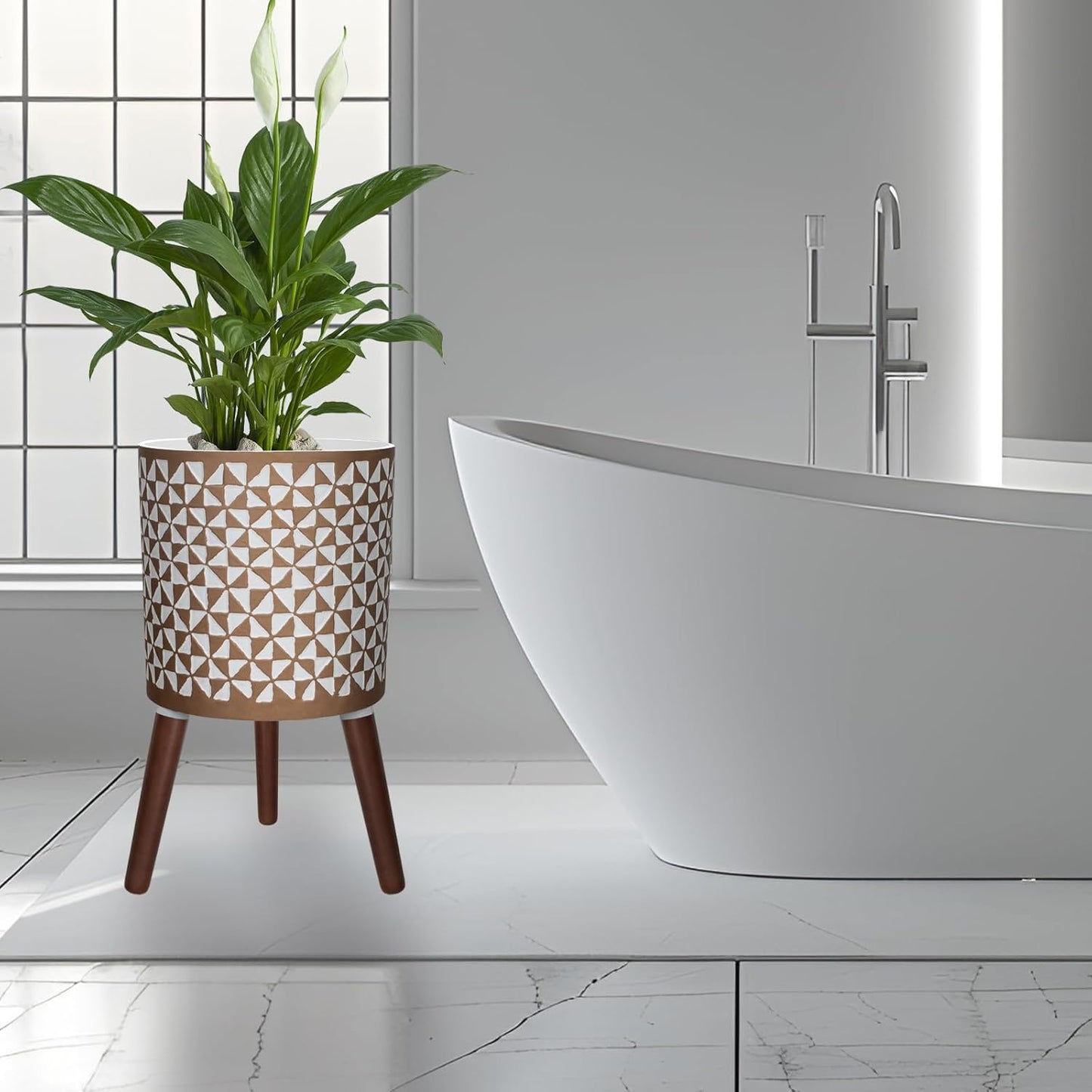 12 Inches Plant Pot with Stand, Large Modern Standing Planters for Indoor Outdoor Plants with Drainage Holes, Big White & Gold Flower Pots with Legs