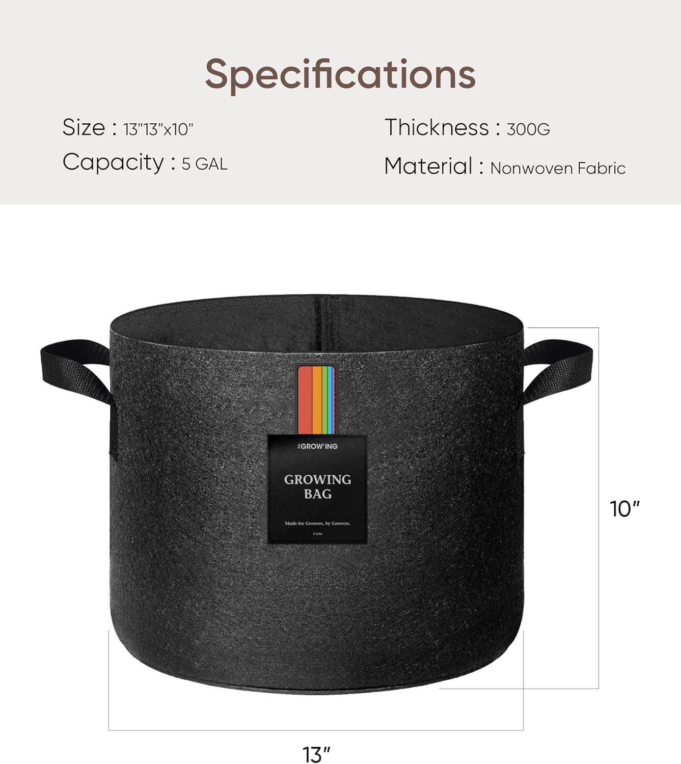 The Growing 5 Pack 5 Gallon Fabric Grow Bags，Thickened Aeration Nonwoven Fabric Plant Pots with Durable Handles,Heavy Duty 300G Planter Pot for Tomato, Fruits, Vegetables and Flowers, Black