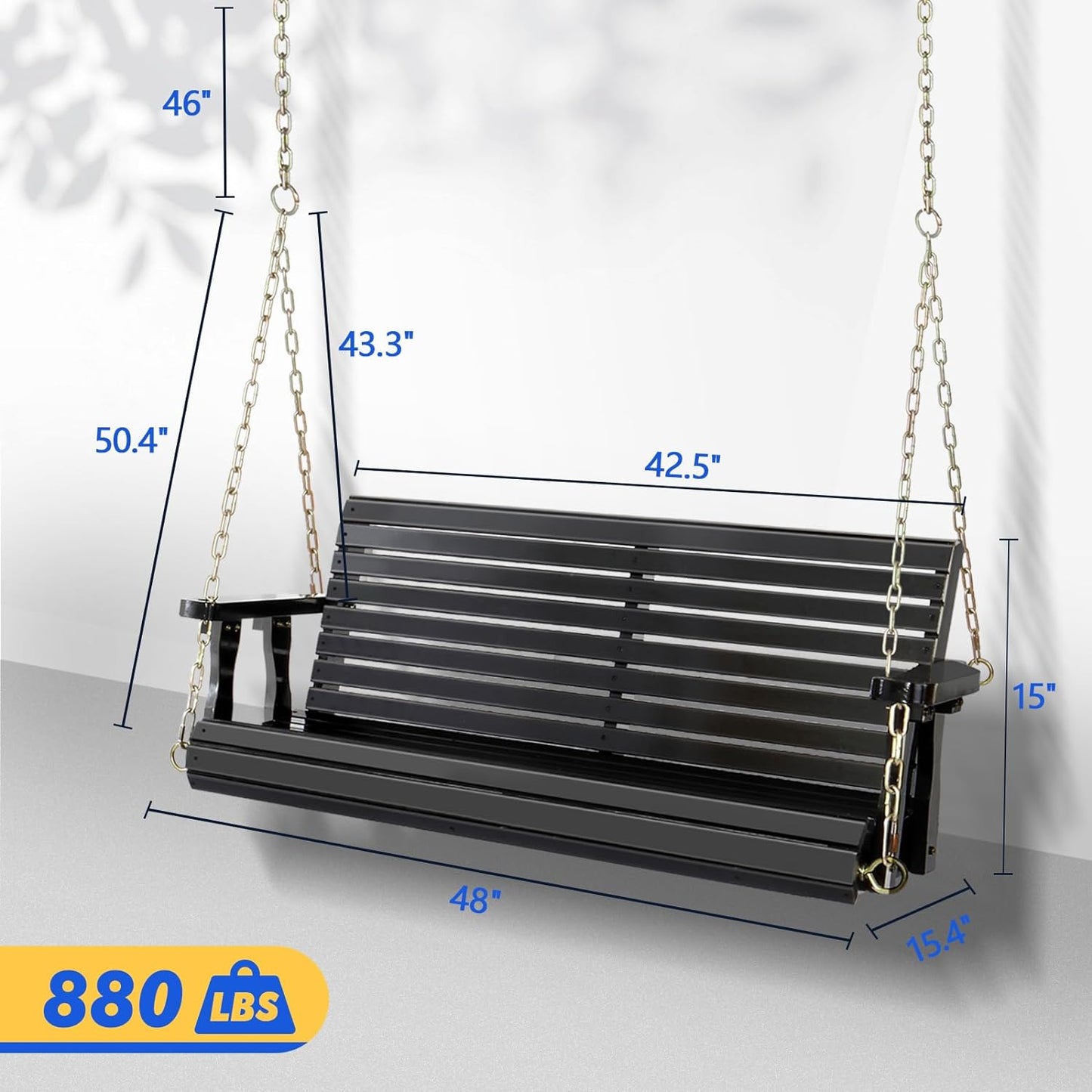 VINGLI Upgraded Patio Wooden Porch Swing for Courtyard & Garden, Heavy Duty 880 LBS Swing Chair Bench with Hanging Chains for Outdoors (Black, 4 FT)
