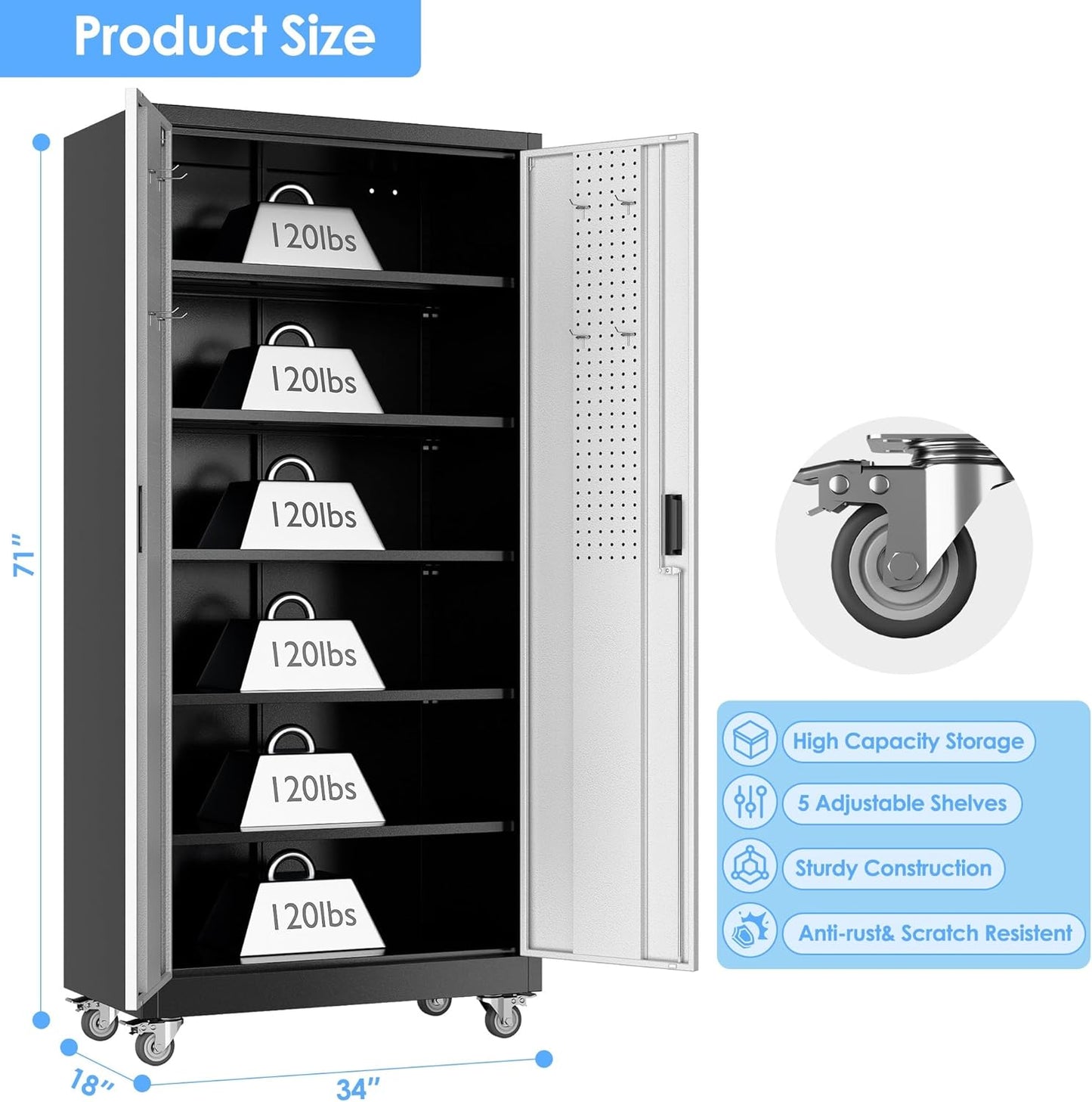 Upgraded Wide & Deep Metal Garage Storage Cabinet with Wheels & Pegboard, Lockable Metal Storage Cabinets with 2 Doors&5 Adjustable Shelves for Garage&Home,Assembly Required,Black Gray
