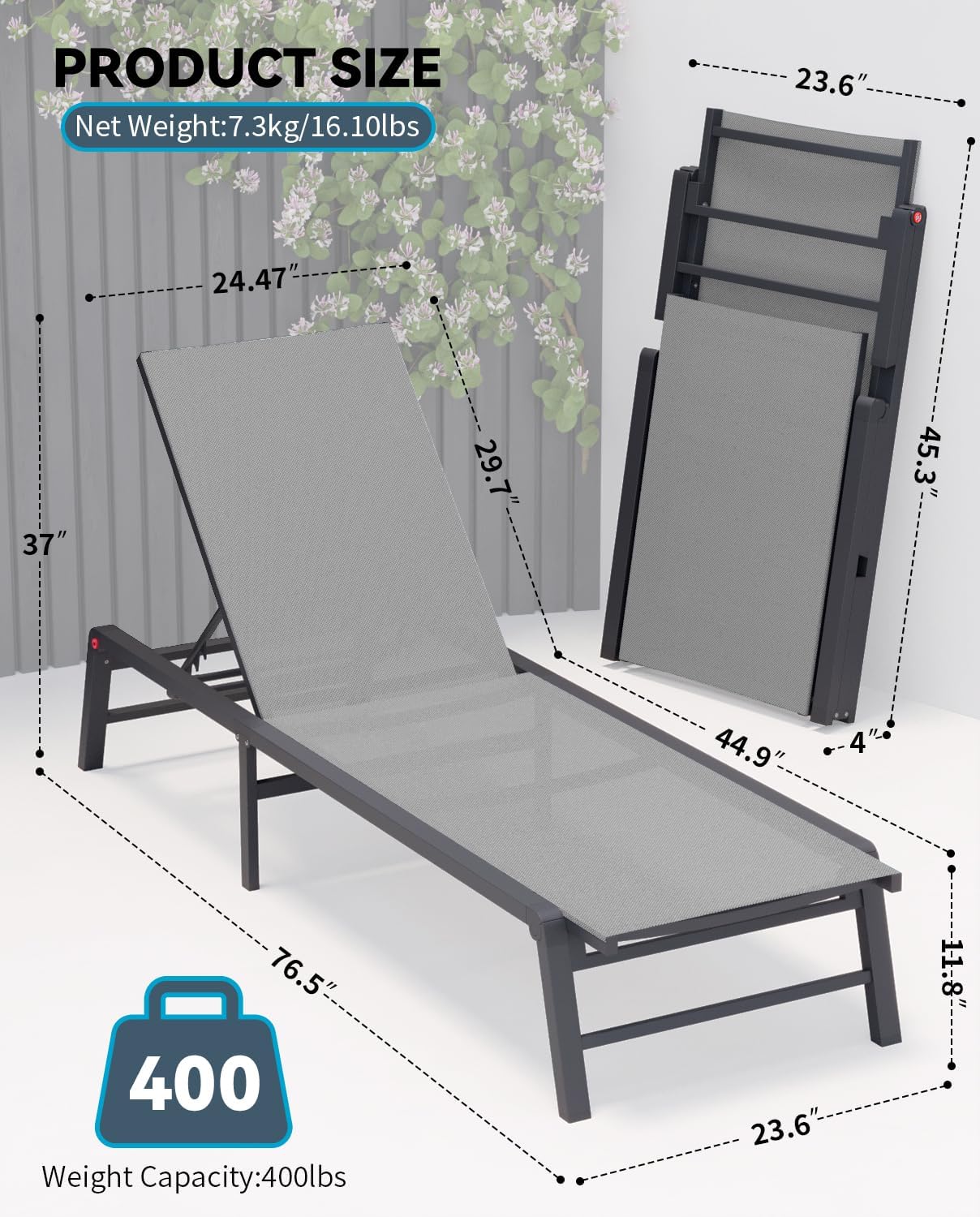 Aluminum Chaise Lounge Chair Outdoor, Foldable Patio Lounge Chair 2 Sets Assemble-Free, Pool Lounge Chairs with 5 Adjustable Backrest, Outdoor Lounge Chairs for Outside Poolside Beach Lawn Grey