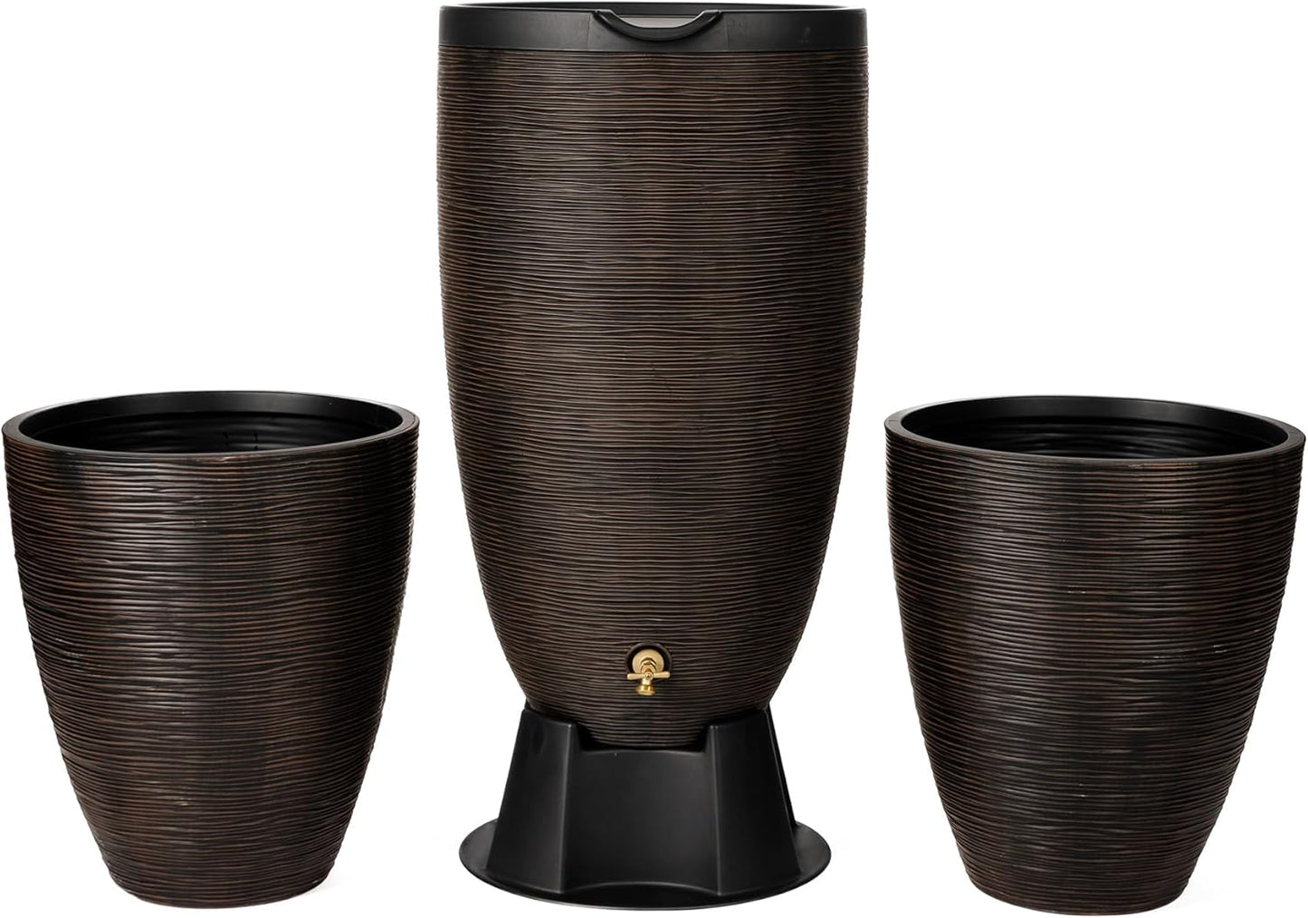 Newport 50‑Gallon Flat‑Back Rain Barrel with Stand & Planter Bundle – Bronze | Removable Lid, UV-Stabilized Outdoor Water Storage