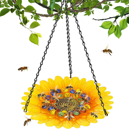 Bee Watering Station for Garden, Bee Bath Feeders for Outside with Vivid Flower Design, Hanging Butterfly Bath Bowl with Glass Balls for Outdoor Courtyard Decoration (1Pcs-Yellow)