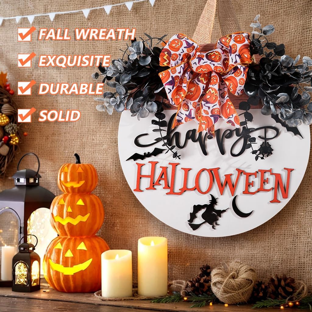 Halloween Door Hanger Sign Wooden Welcome Decor with Bat - Fall Wreaths for Front Door Hanging Decorations for Happy Halloween Party Indoor Outdoor Wall Decor Supply
