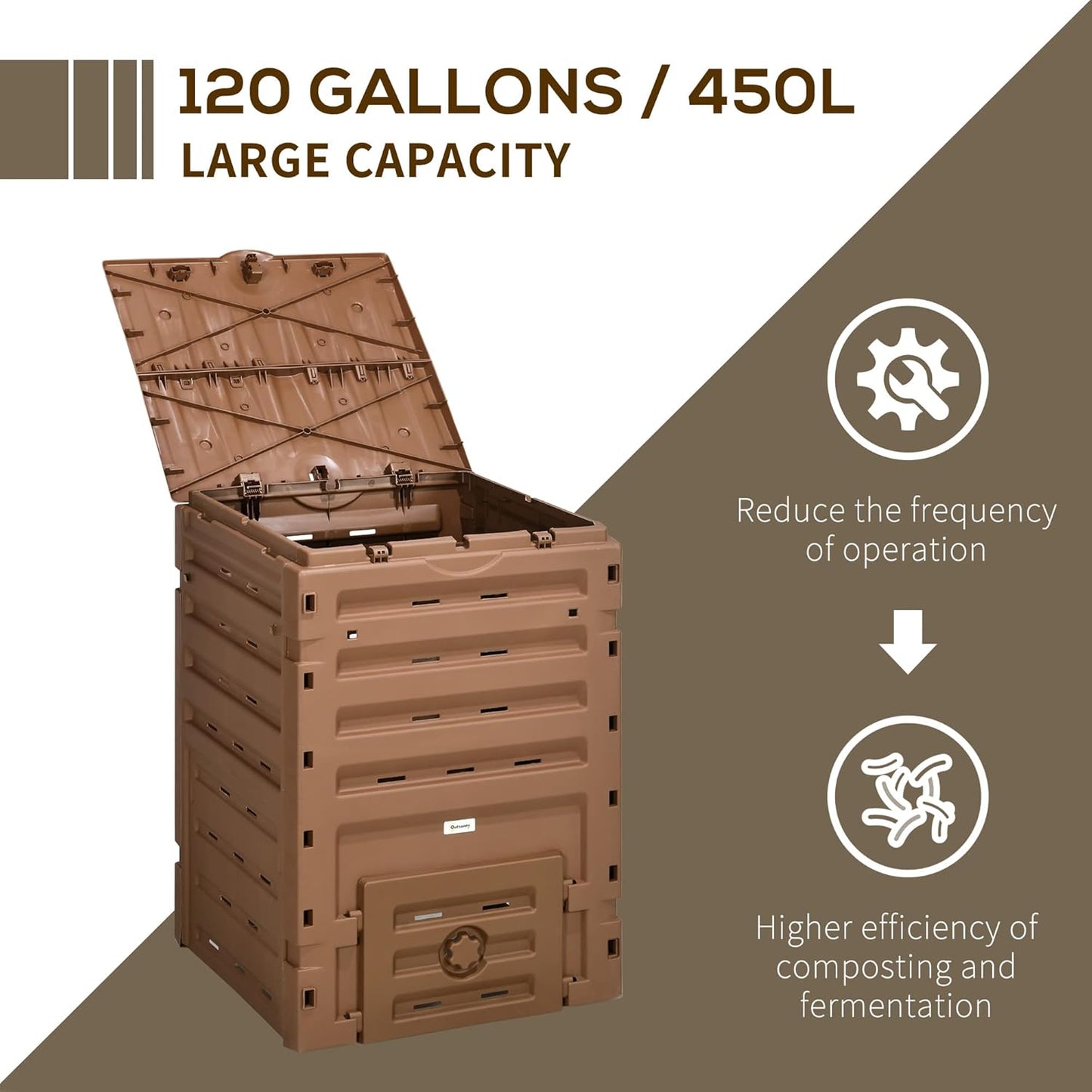 Compost Bin Outdoor 120 Gallon (450L) Garden Composter, BPA Free, with 80 Vents and 2 Sliding Doors, Lightweight Outdoor Compost Box for Garden, Kitchen, and Yard Waste, Brown