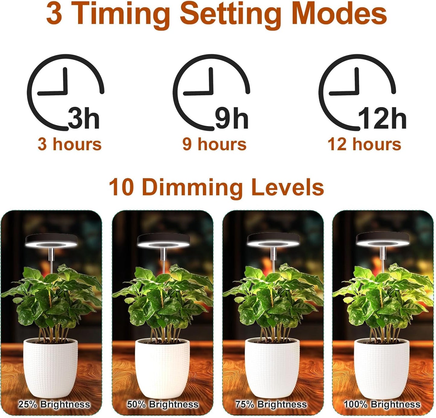 Grow Lights for Indoor Plants Small Potted - Full Spectrum, Auto 3/9/12H Timer, 10-Level Dimming & Adjustable Height - Compact Grow Light for Succulents, Herbs, Foliage in Home/Office (Black,1PACK)