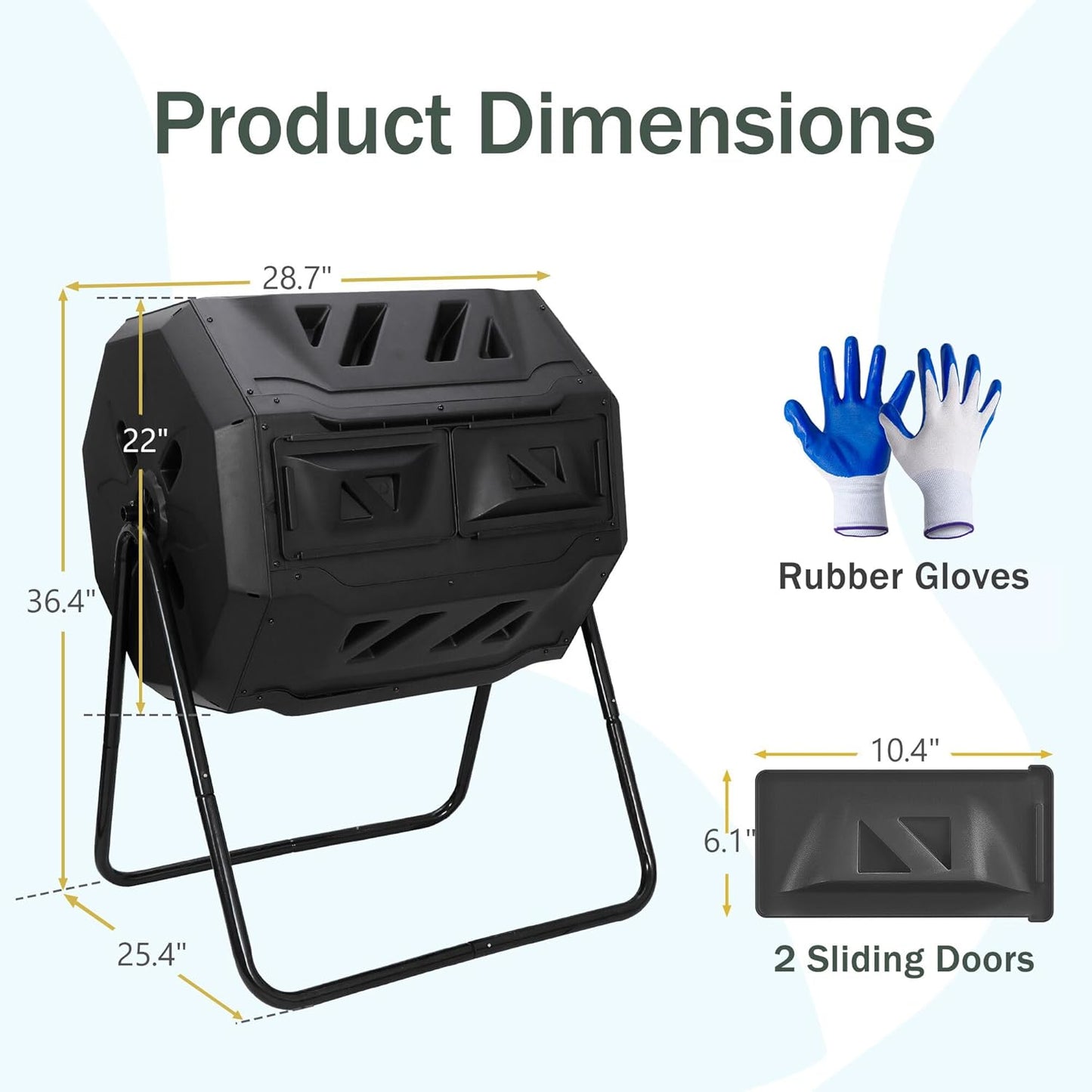F2C Compost Bin Outdoor 43 Gallon Garden Dual Chamber Composter Bin - Bundled with Pearson's Gardening Gloves，BPA Free, Heavy-Duty Steel Frame, Rotating Tumbler with Sliding Doors | (Black)