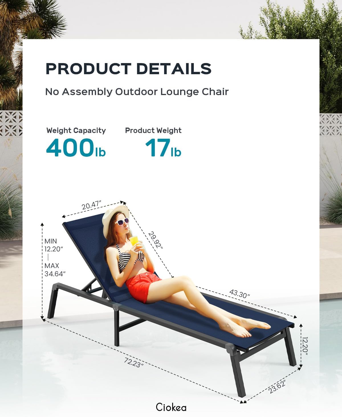 Aluminum Chaise Lounge Ourdoor - Foldable & Assemble Free Outdoor Lounge Chair with 5 Adjustable Backrest, Patio Lounge Chair for Outside Poolside Beach Pool, Navy Blue
