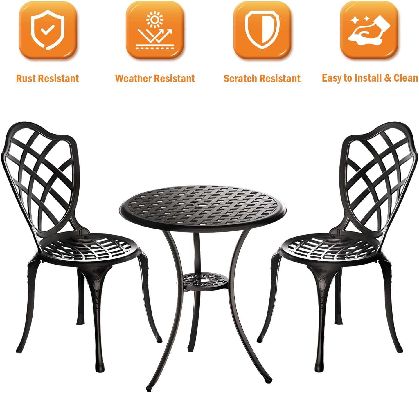 3 Piece Patio Bistro Set, Outdoor Bistro Table and Chairs Set of 2 w/Umbrella Hole, Rust-Resistant Cast Aluminum Bistro Set for Garden/Balcony/Backyard, Black