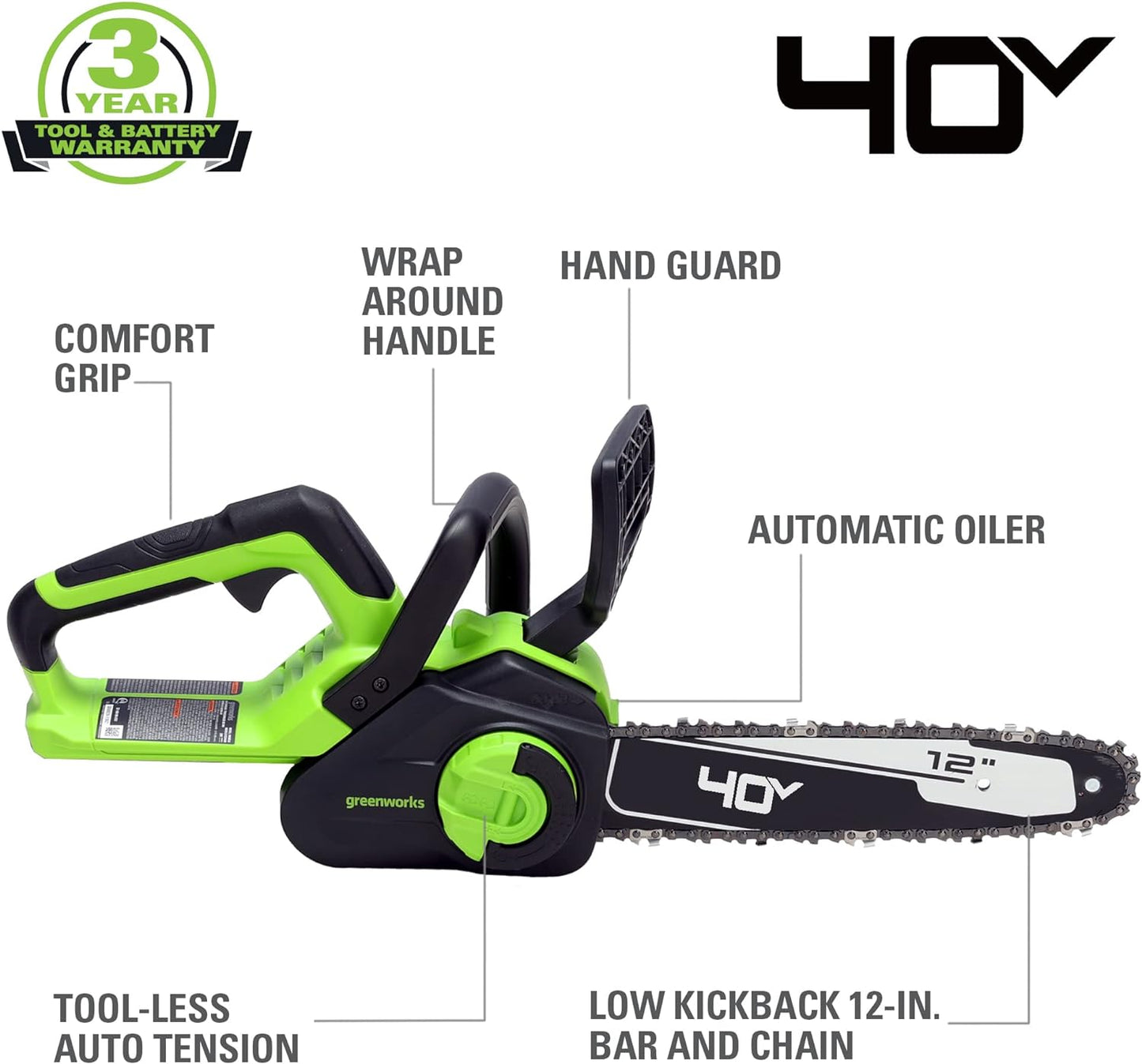 Greenworks 40V 12" Cordless Compact Chainsaw (Great For Storm Clean-Up, Pruning, and Camping), 2.0Ah Battery and Charger Included