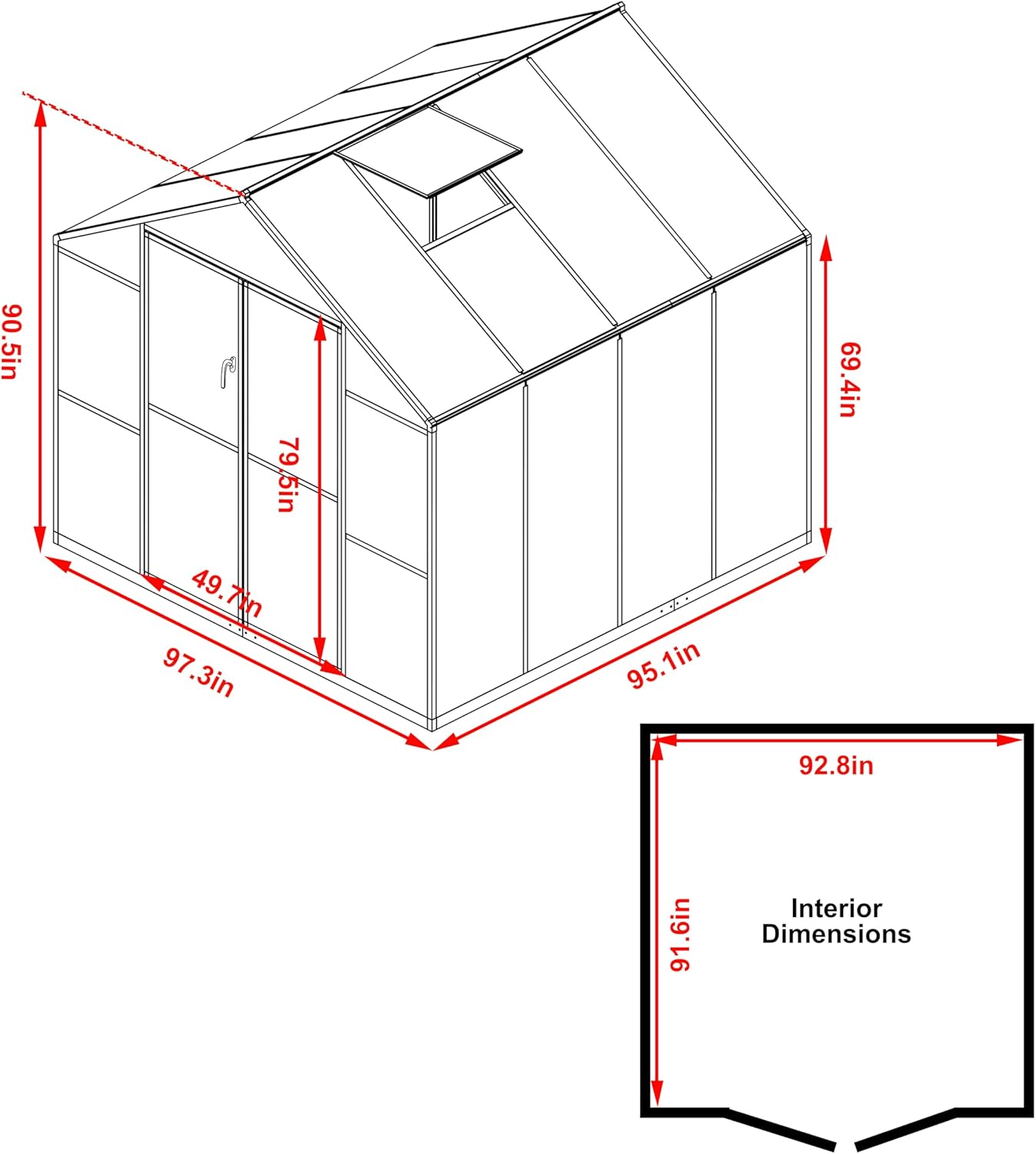 8x8 FT Outdoor Greenhouse Kit, Polycarbonate Aluminum Walk-in Greenhouse with Adjustable Roof Vent and Lockable Door, Backyard Garden in Winter, Gray