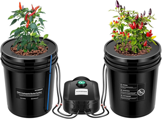 VIVOSUN DWC Hydroponics Grow System with Top Drip Kit, 5-Gallon Deep Water Culture, Recirculating Drip Garden System with Multi-Purpose Air Hose, Air Pump, and Air Stone (2 Buckets + Top Drip Kit)