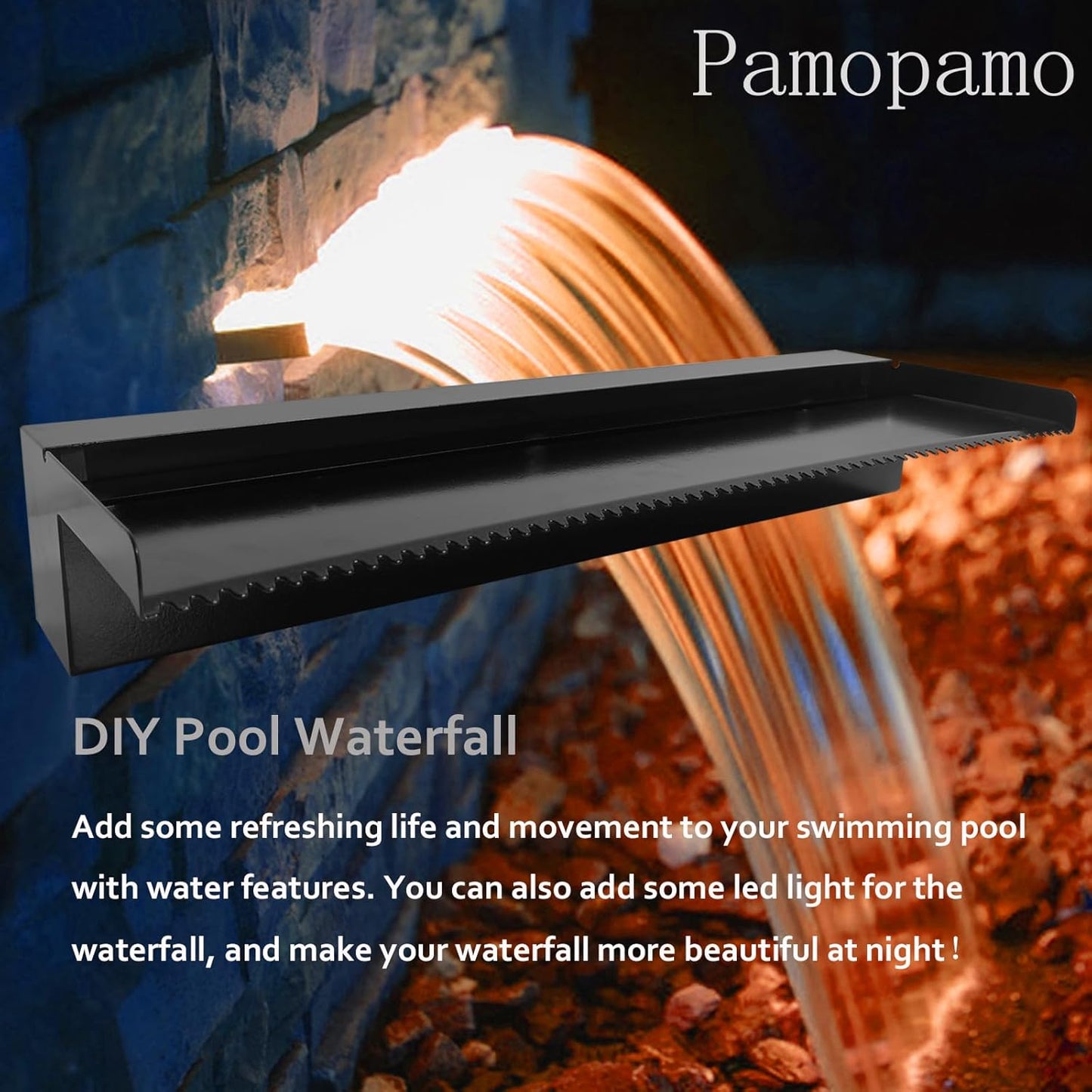 Pond Waterfall Spillway Pool Fountain Water Feature, Black Stainless Steel Outdoor Fountains, Swimming Pool Water Flow Waterfalls Kit for Garden Patio Ponds-23.6"x7.8"x3.9"(NO Light)