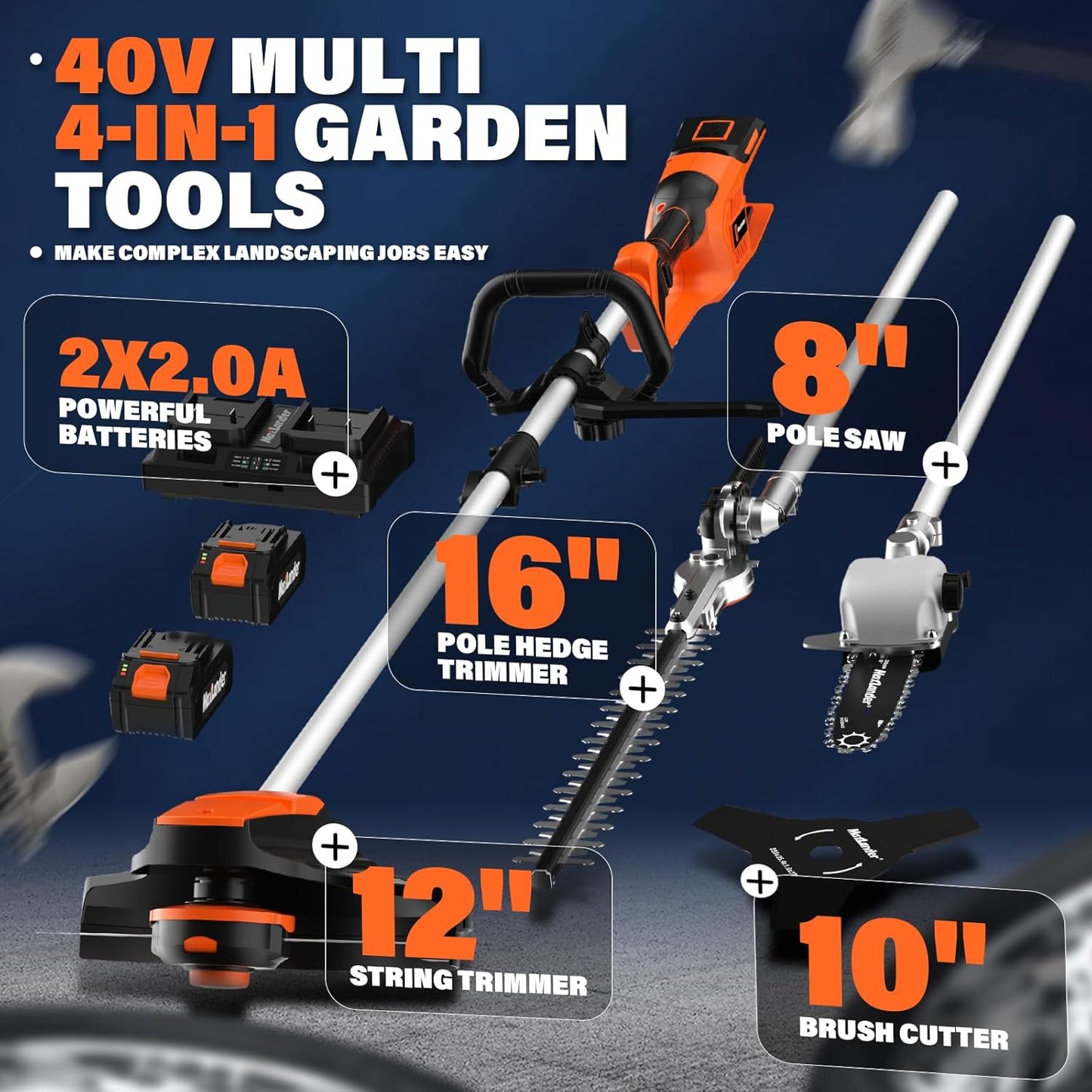 MAXLANDER 40V Hedge Trimmer, Weed Wacker Cordless, 8" Electric Pole Saw and Brush Cutter Blade, 4-in-1 Multi Garden Tools with 2 * 20V 4.0Ah Batteries and 1*Charger