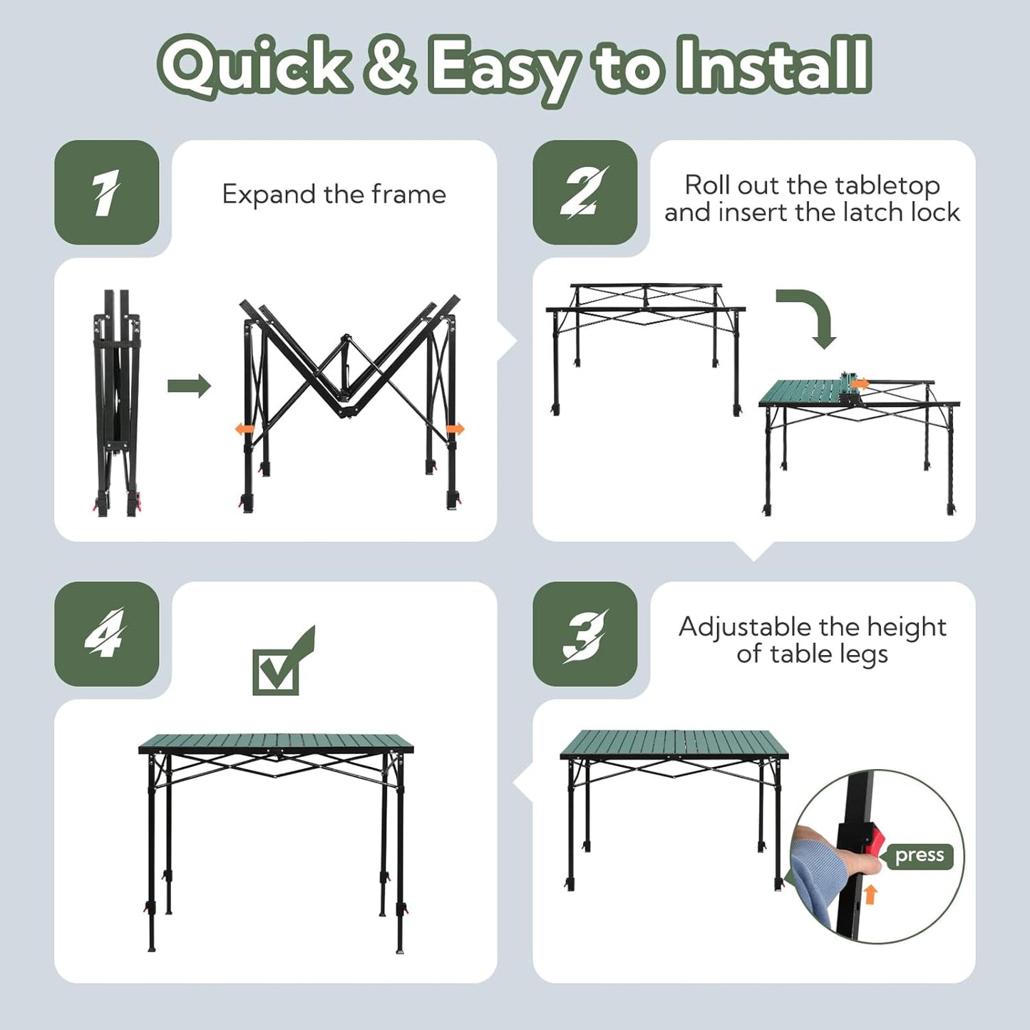 Portable Outdoor Adjustable Height Camping Table, Large for 2-6 Person, Foldable Roll-up Aluminum Camp Table with Carry Bag for Picnic, Camp, Sturdy, Stable, Loads 220 Lbs (Green)