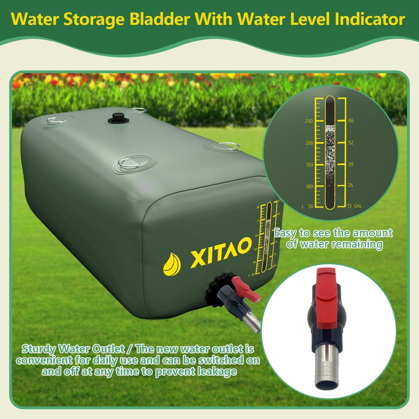 XITAO 29Gal Storage Bladder w/Level Indicator, Large Capacity Foldable Containers, Portable Emergency Tank Bag for RVs, Fire Prevention, Irrigation, Green