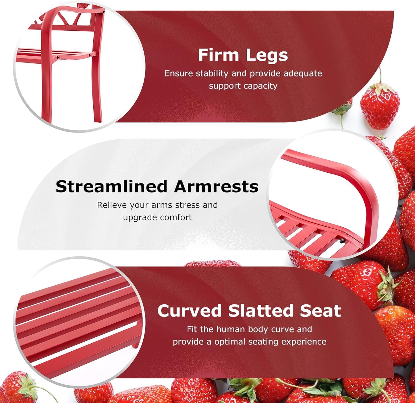 50” Strawberry Outdoor Garden Bench, Weatherproof Sturdy Cast Iron Metal Frame Patio Park Bench for Porch Yard Lawn Deck Park (Red Strawberry Style)
