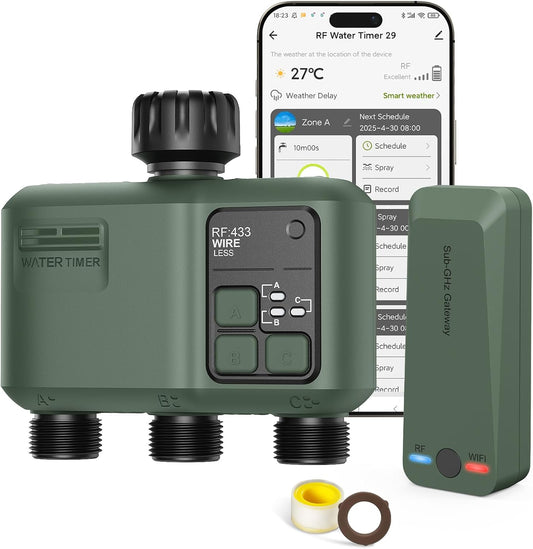 Smart Sprinkler Timer 3 Zone for Garden Hose, WiFi Water Timer with 984ft RF Range, Smart Lawn Watering System Irrigation Controller, APP/Voice Control, Rain Delay, Automatic/Manual Irrigation