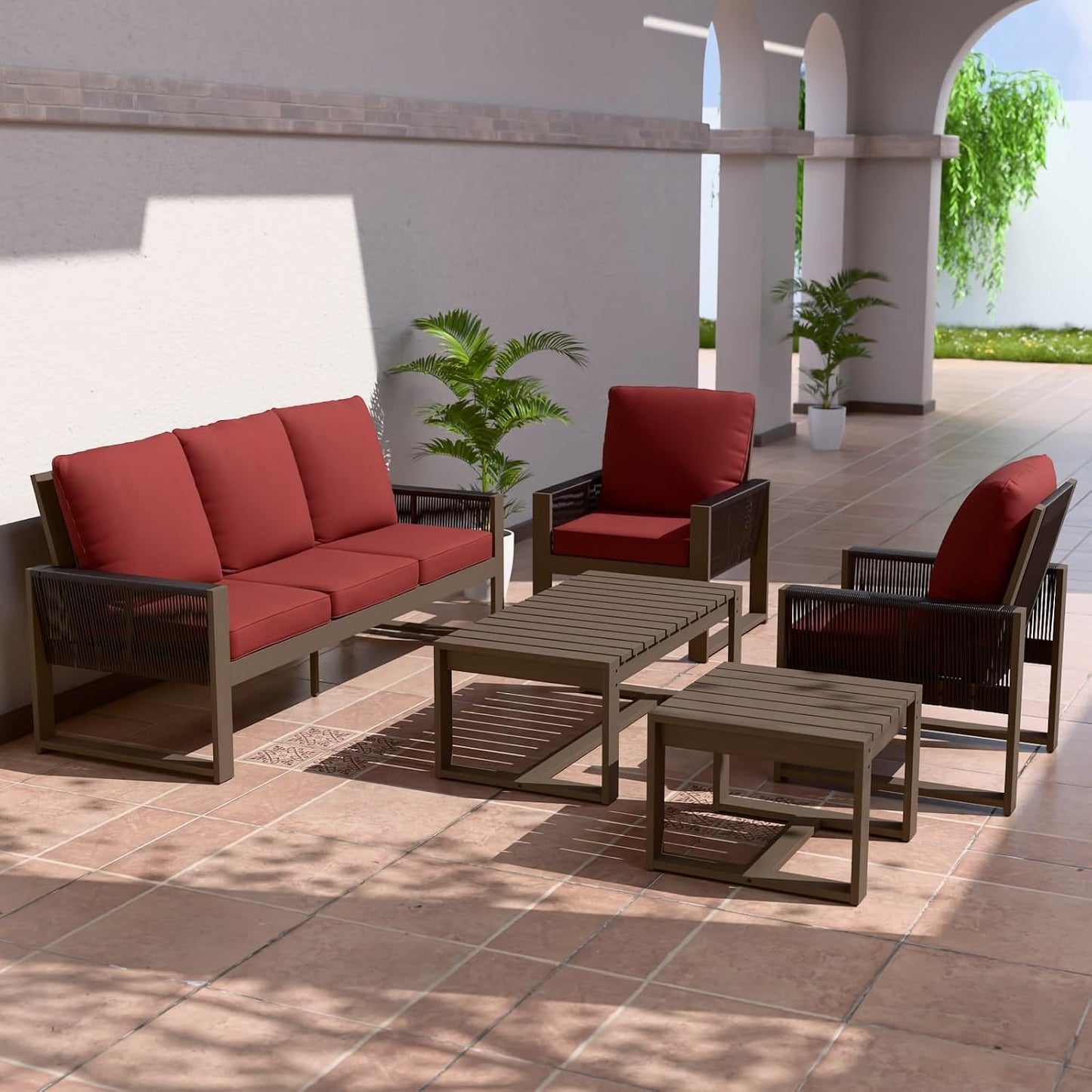 EAGLE PEAK Natural Wood Outdoor Patio Furniture, Cedar Furniture, Conversation Set, Outdoor Seating for Deck Patio Porch, Sofa 2 Chairs, Coffee Table & Side Table, 5 Pieces, Brown/Red