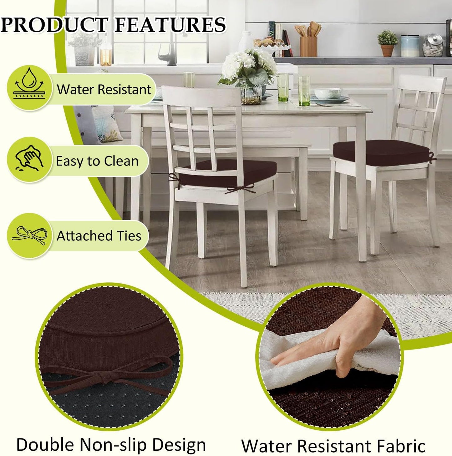 Chair Cushions for Dining Chairs, Indoor Chair Cushions with Ties，Waterproof Chair Pads Set of 6, Brown, 17x16x2.5 Inch