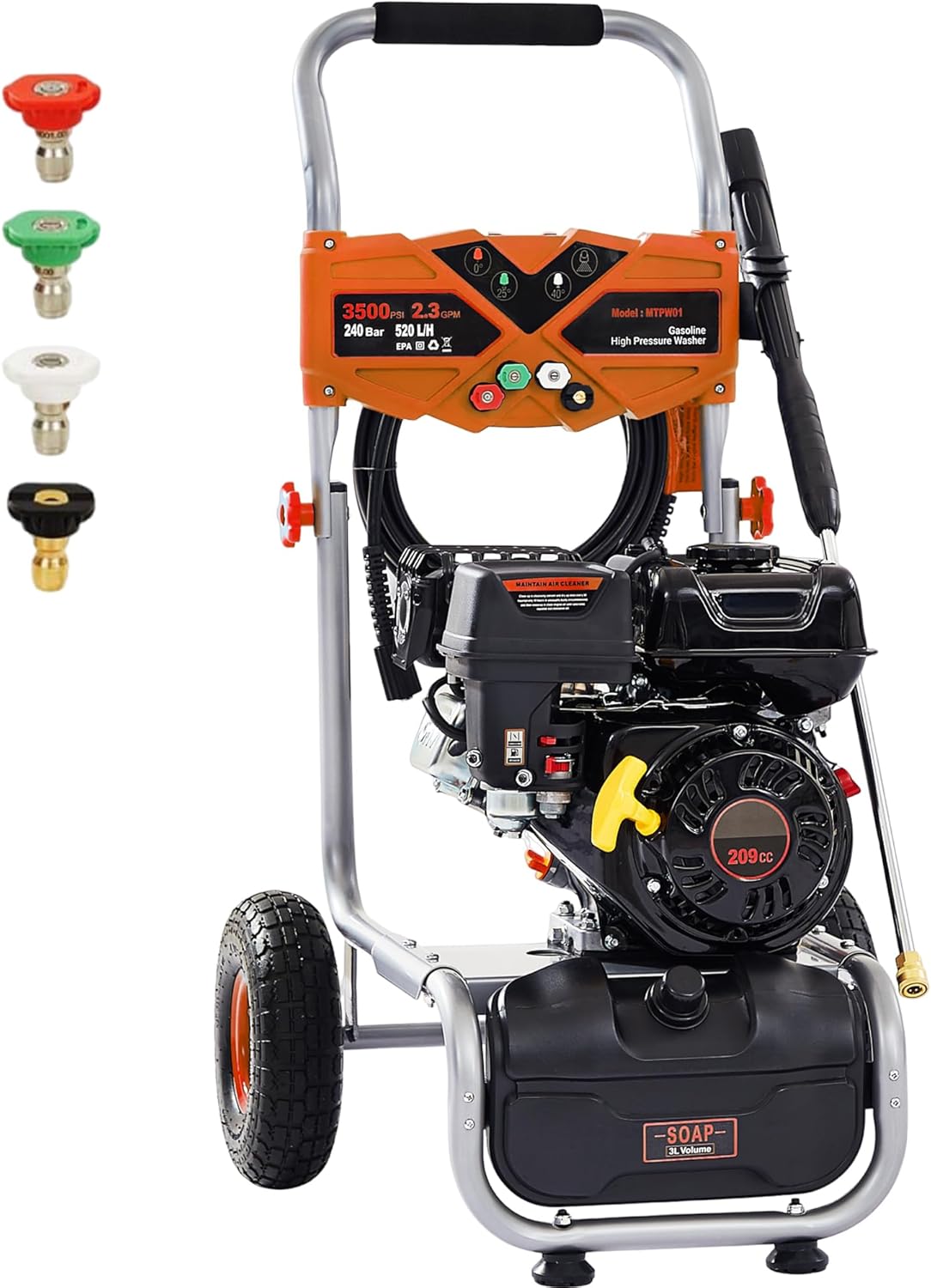 3500 PSI Gas Pressure Washer, 2.3 GPM Heavy-Duty High-Power Cleaner with 209CC 7HP Engine, 25Ft Hose, Axial Aluminum Pump, Soap Tank & 4 Quick-Connect Adjustable Nozzles (Orange)