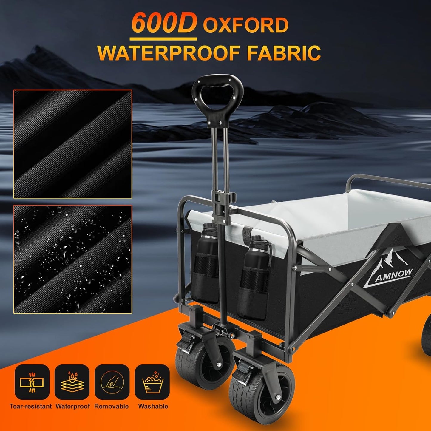 Collapsible Foldable Wagon, Utility Large Capacity Beach Wagon with Big Wheels, Shopping Cart with Side Pocket and Brakes for Sand, Garden, Grocery, Sports, Camping, Black