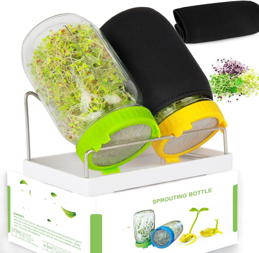 Seed Sprouting Kit, 2 Large Wide Mouth Mason Jars with Sprout Lids, Blackout Sleeves, Drain Tray, Stainless Steel Stand, Sprouts Growing Kit for Bean, Broccoli, Alfalfa (Yellow+Green)