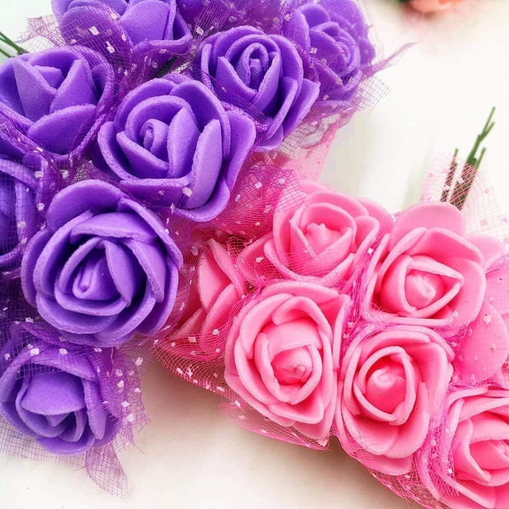 Foam Rose Fake Flowers for Crafts 144 pcs 2 cm Mini Wreaths Artificial Flower Bouquet Multicolor Rose Flower Wedding Scrapbooking Decoration Rose Fake Flower(Pink)