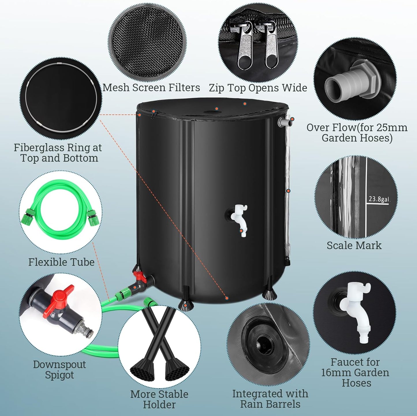 53 Gallon Collapsible Rain Barrel, SKM Portable Rain Water Collection Barrel for Garden/Outside/Lawn, PVC Rainwater Collection System Water Tank Storage Container with Spigots & Overflow Kit, Black