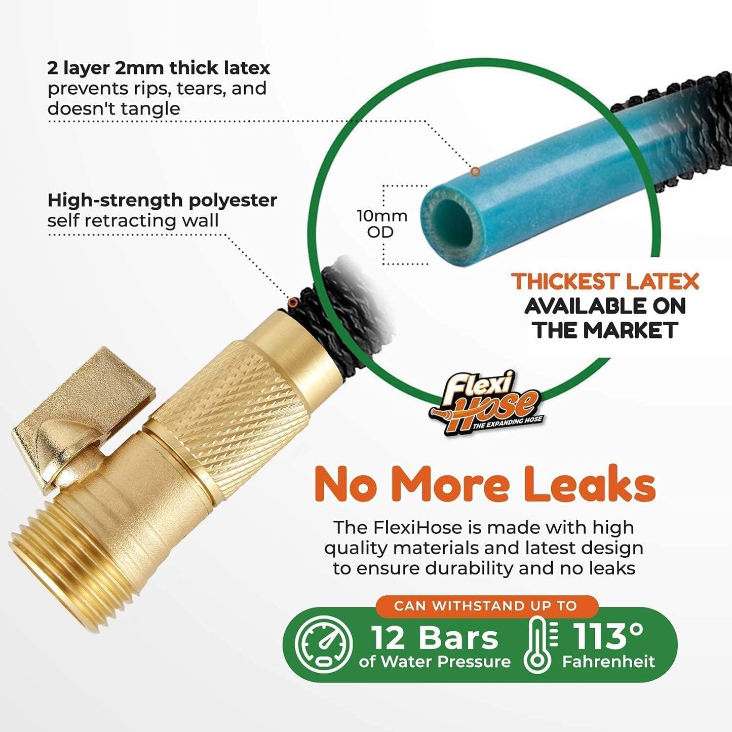 Flexi Hose with 8 Function Nozzle, 100FT - Lightweight Expandable Garden Hose, No-Kink Flexibility, 3/4 Inch Solid Brass Fittings and Double Latex Core