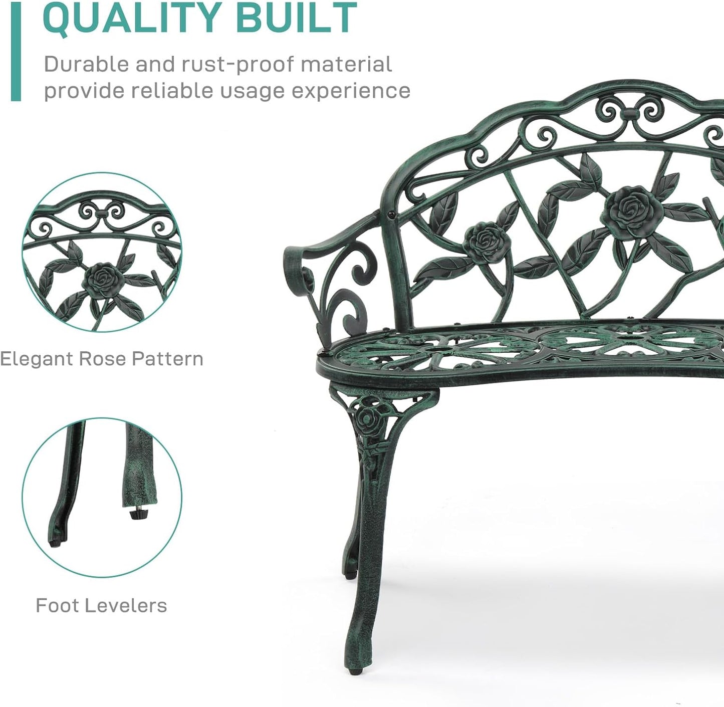 VINGLI 38.5" Patio Park Garden Outdoor Metal Rose Bench,Cast Iron Cast Aluminium Frame Antique Finish Chair,Accented Lawn Front Porch Path Yard Decor Deck Furniture for 2 Person Seat（Green&Black