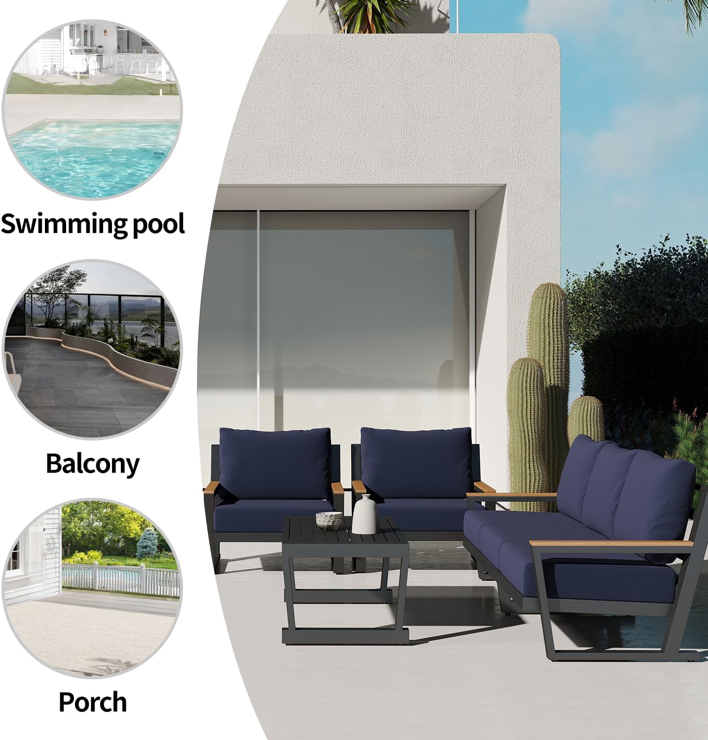 Aluminum Outdoor Sofa,4 Seats Modern Patio Furniture Set,Sectional Sofa Conversation Set with Coffee Table, Upgraded Washable Cushions for Garden Backyard,Blue