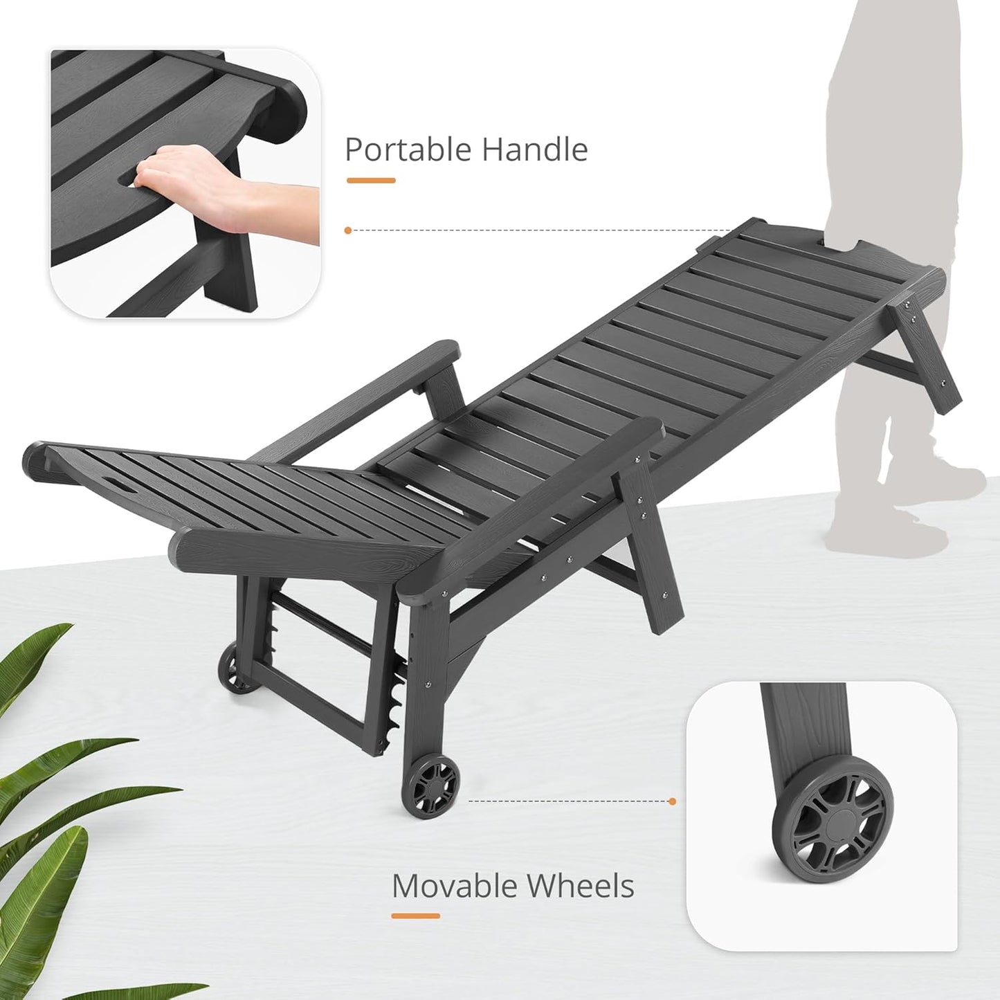 LUE BONA Outdoor Chaise Lounge, 79'' Oversized HDPS Chaise Lounger, 5 Positions Adjustable Lounge Chairs, Pool Lounge Chair with Wheels for Poolside, Backyard, 3 Year Warranty, Dark Gray