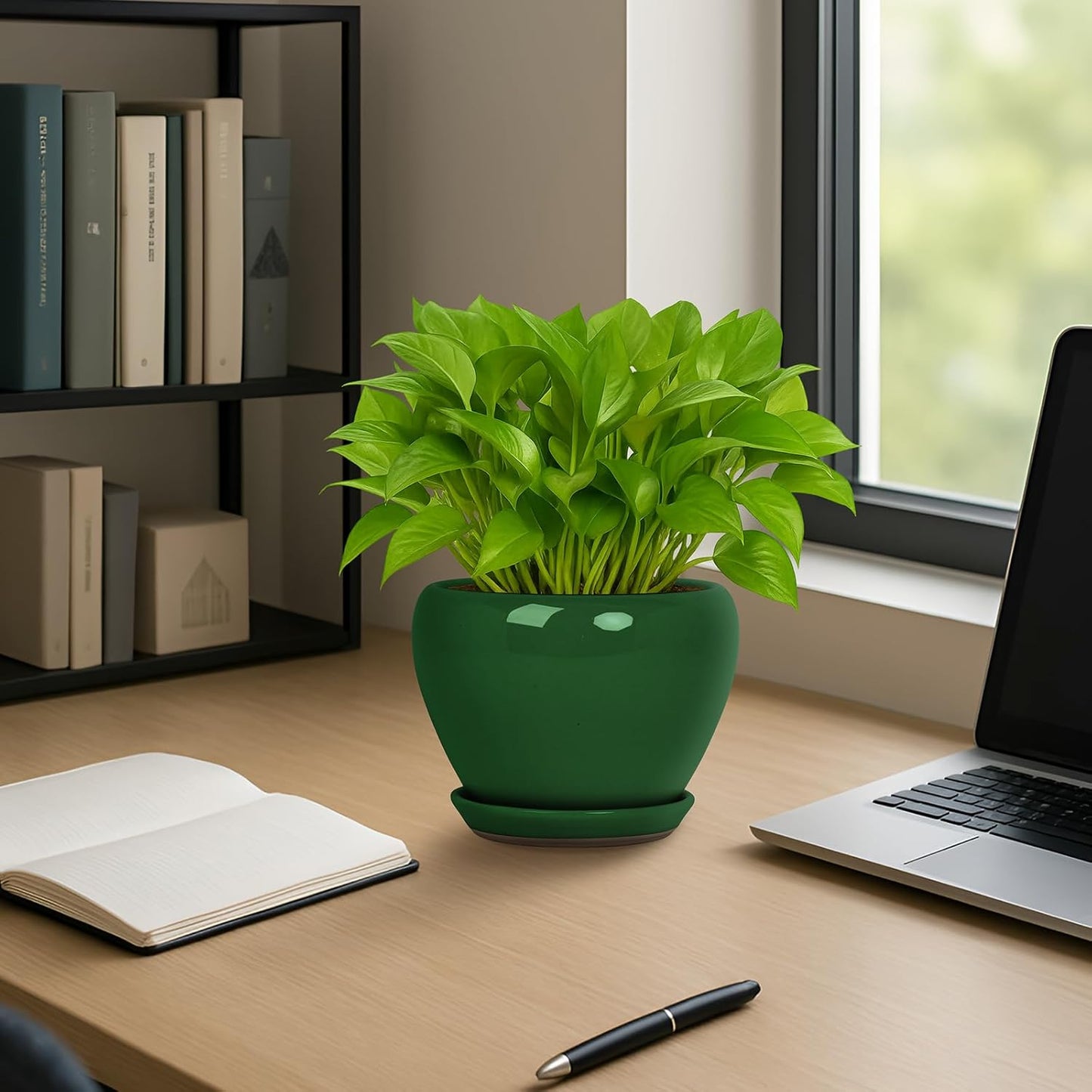 Deep Dream 6 Inch Plant Pots- Ceramic Planter Pot with Drainage Hole and Saucer, Round Flower Pot for Indoor Outdoor Succulent, Snake Plants and Cactus, Green