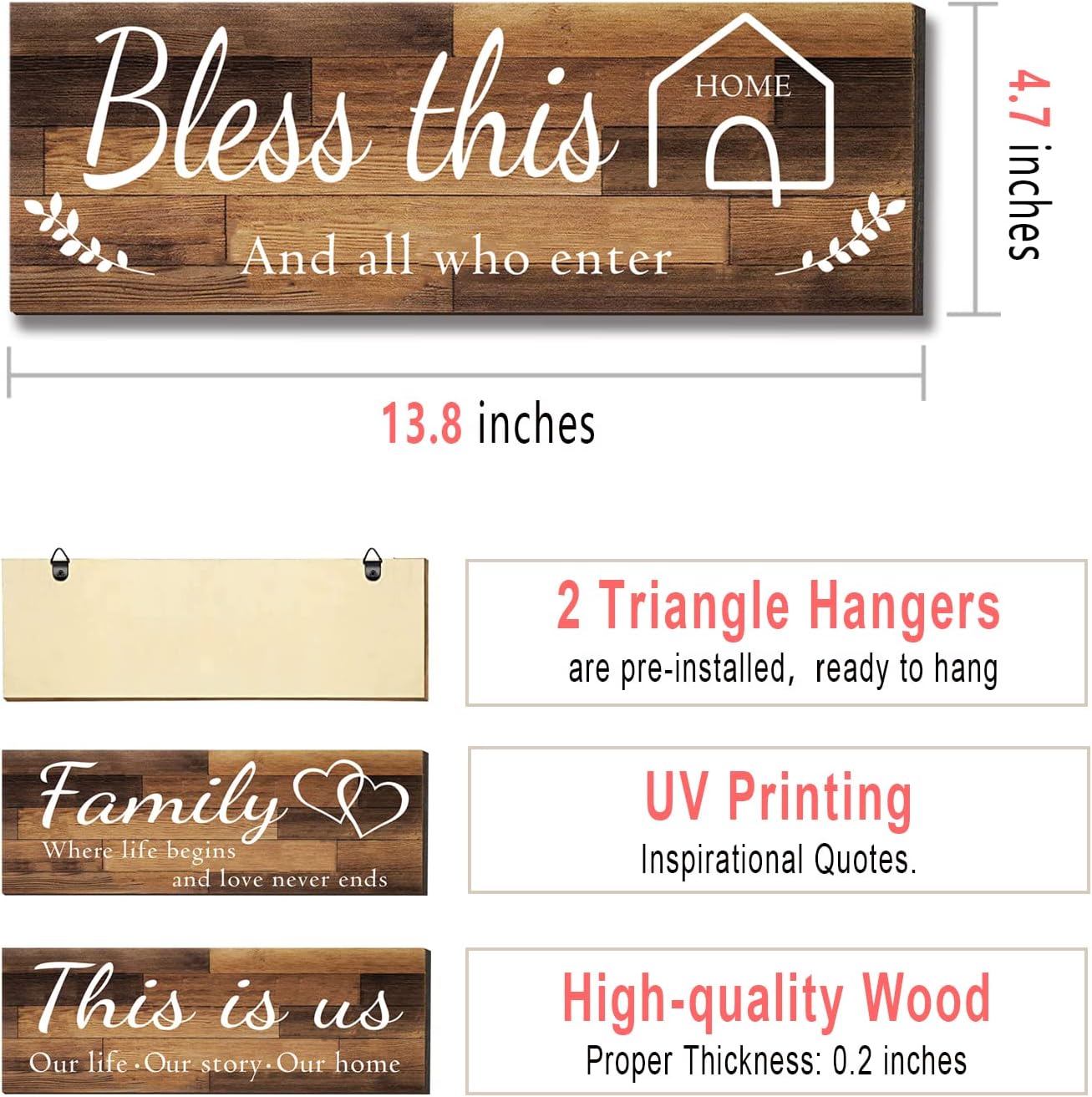 4 Pieces Home Wall Signs, THIS IS US/TOGETHER/BLESS THIS HOME/FAMILY Wall Decor For Living Room Bedroom, Rustic Wooden Farmhouse Wall Art , 4.7 x 13.8 Inch(Brown)