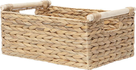 Handmade Water Hyacinth Woven Storage Baskets with Wooden Handles, Rectangle Rustic Organizer Set for Home Decor, Kitchen, Bedroom & Office (Large)