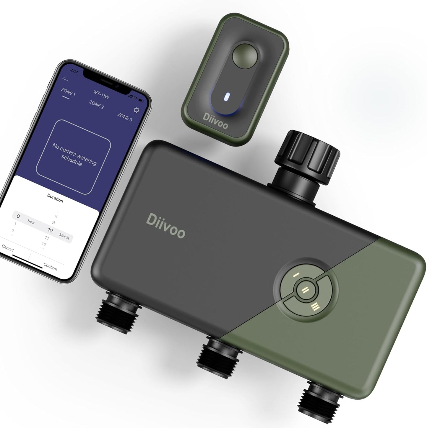 Diivoo WiFi Sprinkler Timer 3 Zone, Smart Water Hose Timer Compatible with Alexa and Google, Remote Control Irrigation, Automatic Manual Watering, Rain Delay, for Garden, Yards and Lawns (2.4Ghz Only)