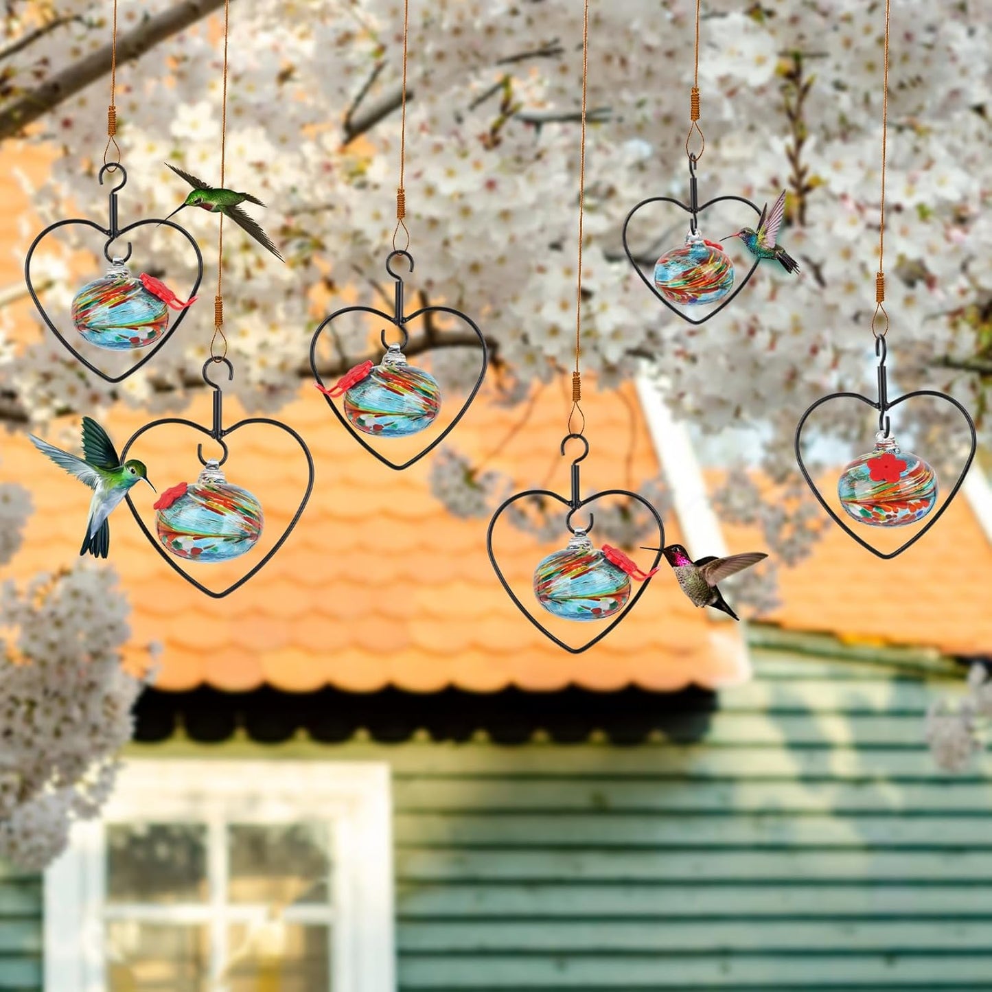 6 Pcs Heart-Shaped Hummingbird Feeder for Outdoors Hanging, Flexible Stackable Hand Blown Glass Humming Bird Feeders with 6 Adjustable Perch for Garden Tree Yard Patio Outdoors (Heart Shaped, Blue)