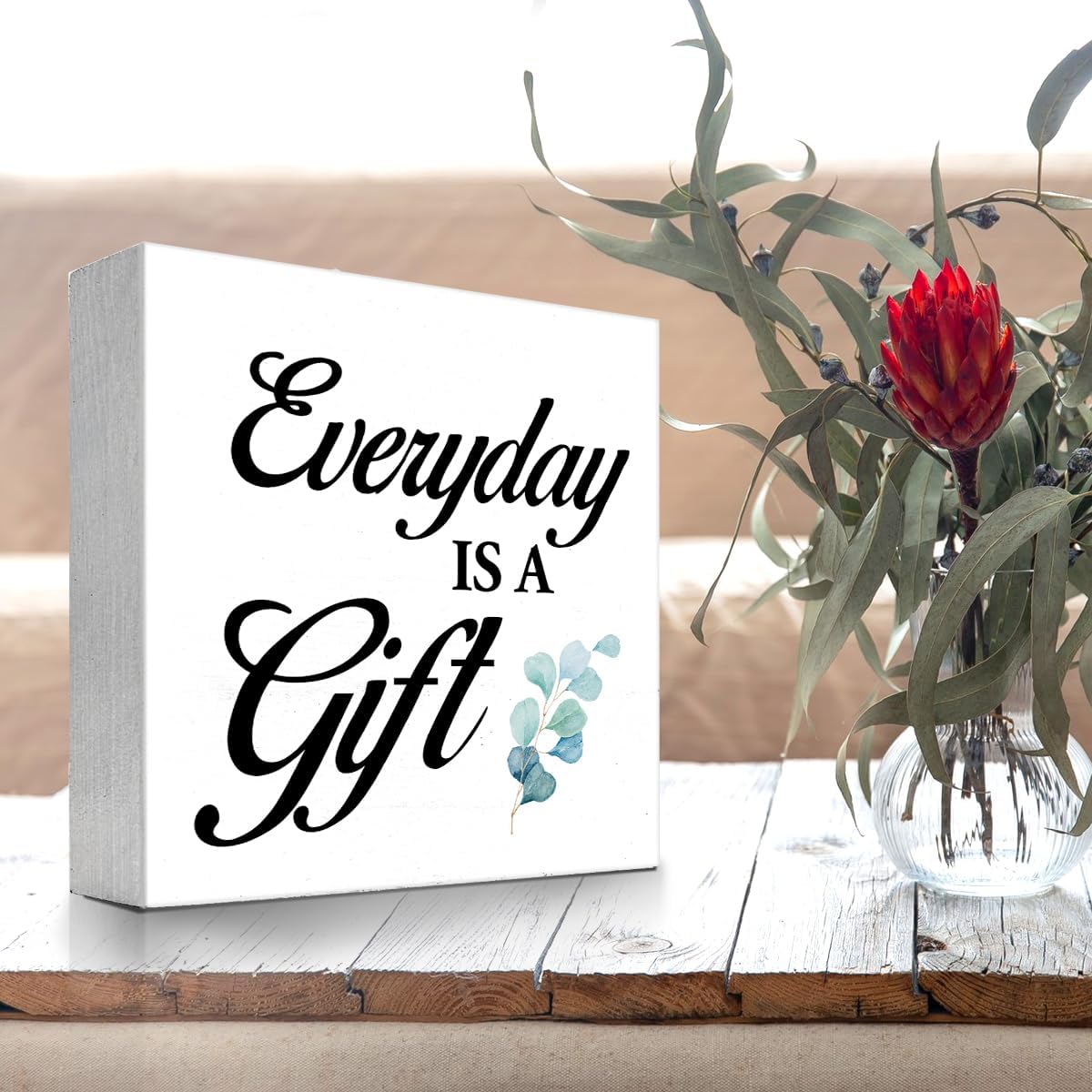 z-crange Everyday is a Gift Wood Block Sign, Rustic Inspirational Wooden Box Plaque for Home Dining Room Office Shelf Table Decor