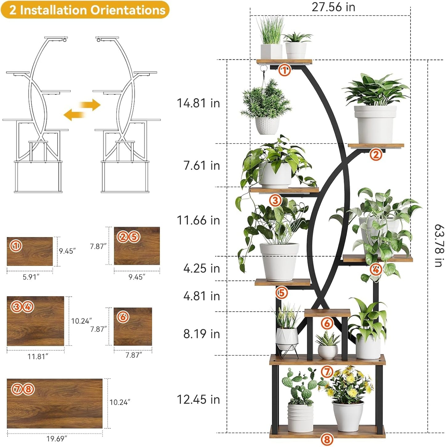 Plant Stand Indoor,8-Tier 65 inch Tall Plant Shelf for Indoor Plants with Grow Light, Plant Shelf with Adjustable Brightness & Timer,Modern Metal Plant Display Rack for Living Room/Patio