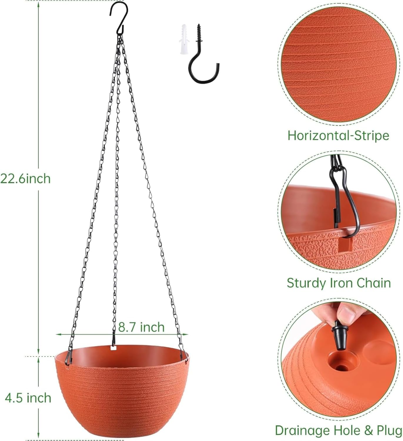 Hanging Planters for Indoor Outdoor Plants, Set of 2 Self Watering Hanging Pots with Drainage Hole & Plug and 20" Chain & Hooks