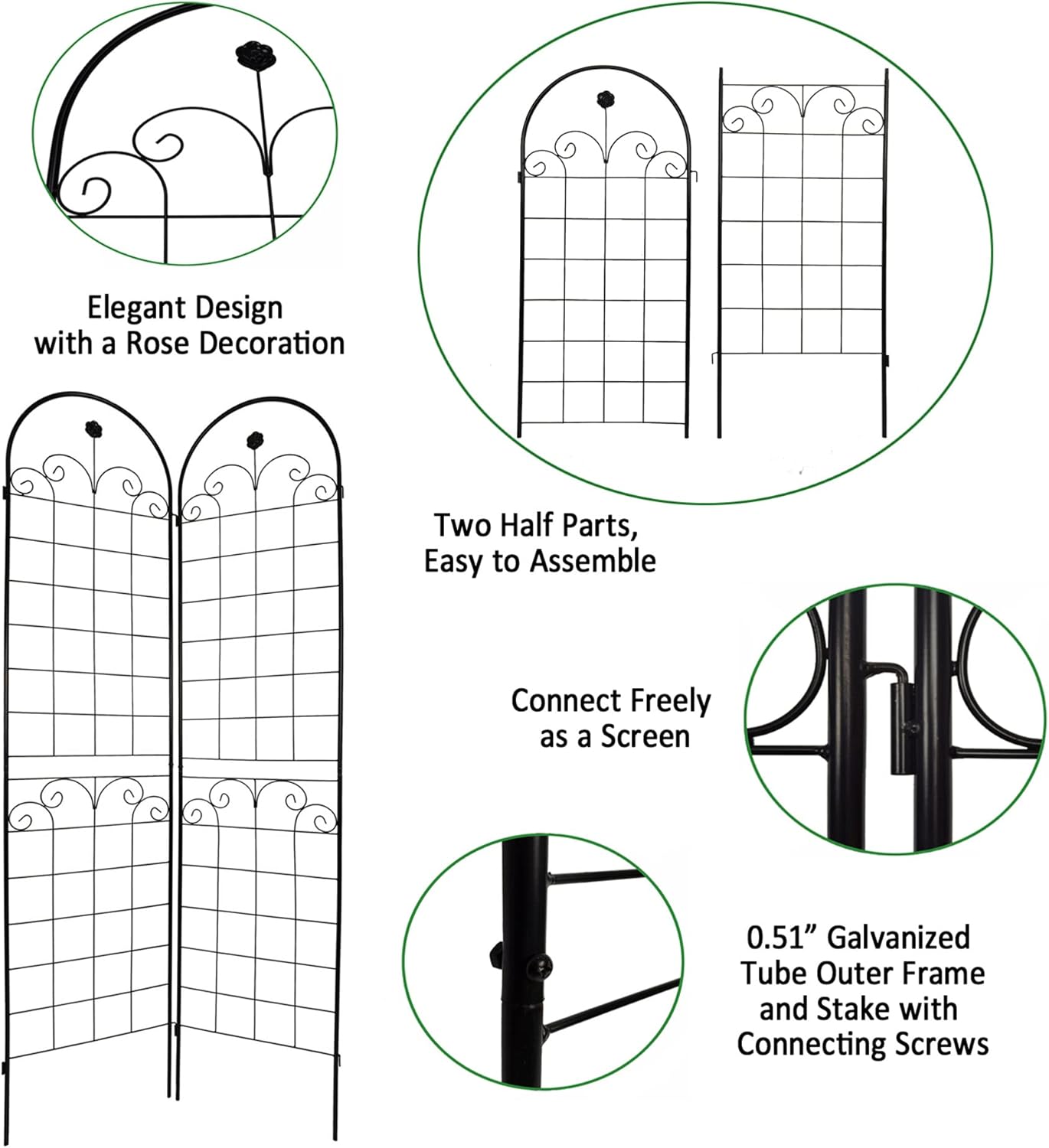 4 Pack Metal Garden Trellis 86.7" H Garden Fence Rustproof Trellis for Climbing Plants Support Roses Flower Outdoor Lawn, Black Galvanized Tube