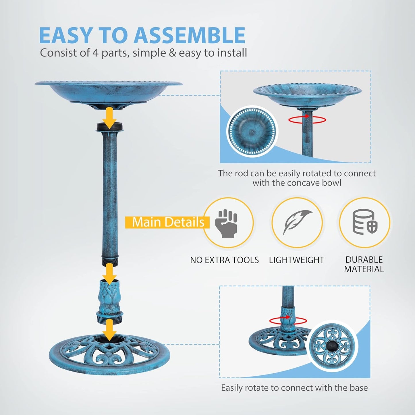 VIVOHOME 28 Inch Height Polyresin Lightweight Antique Outdoor Garden Bird Bath Blue