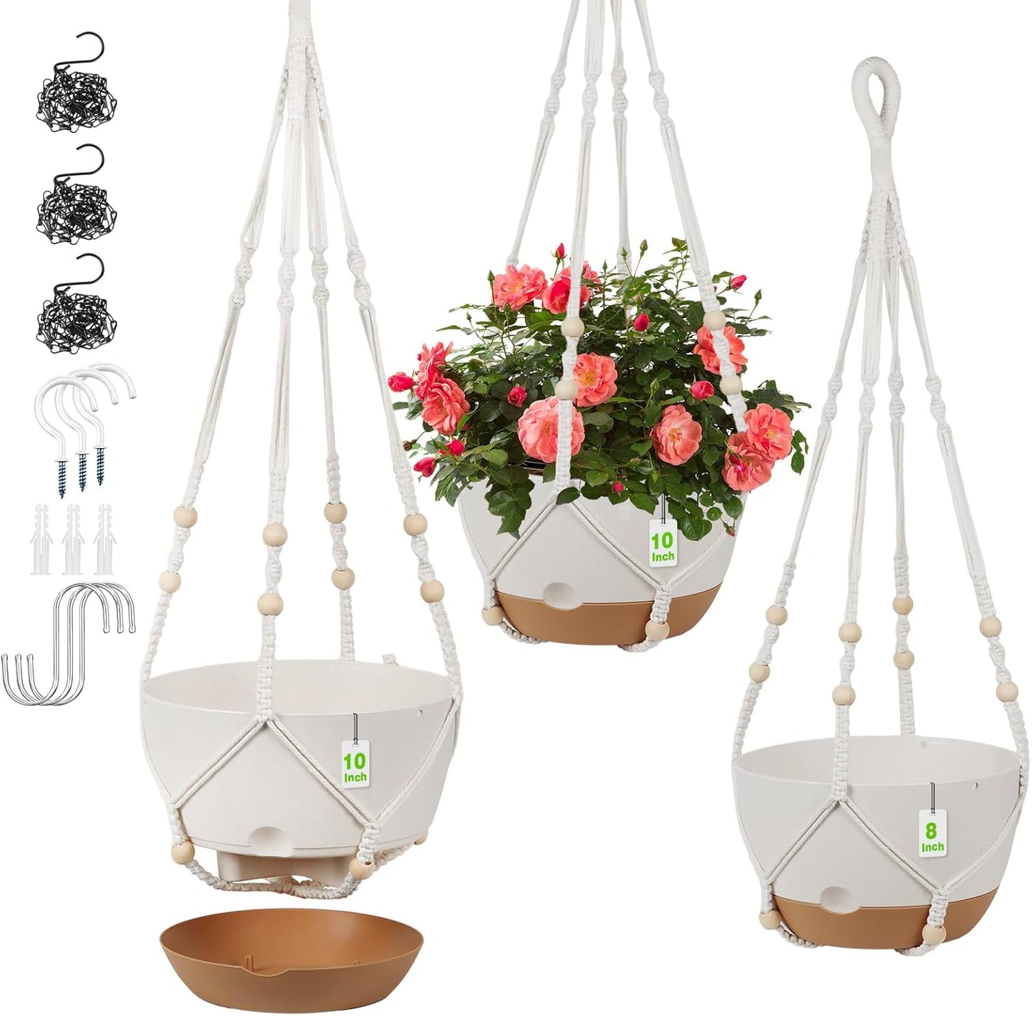 3 Pack Hanging Planters for Indoor Plants, 10 + 10 + 8 Inch Self-Watering Hanging Plant Pot, Macrame Plant Hanger with Pot, Ceiling Hooks, Removable Saucer and Drainage Holes for Garden Home - White